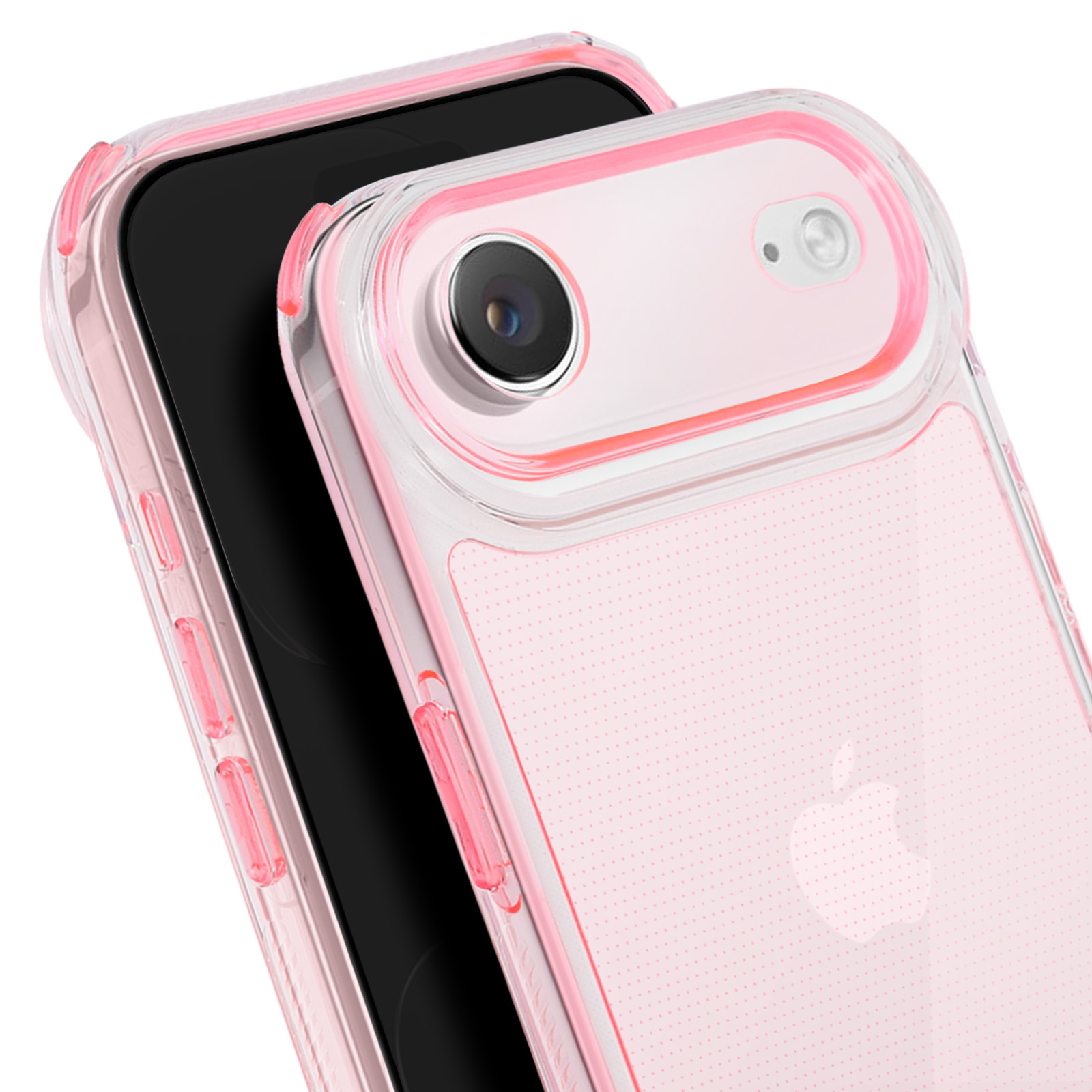 Una custodia rosa per telefono su un telefono nero. La custodia è trasparente con dettagli rosa. Il logo Apple è visibile.
