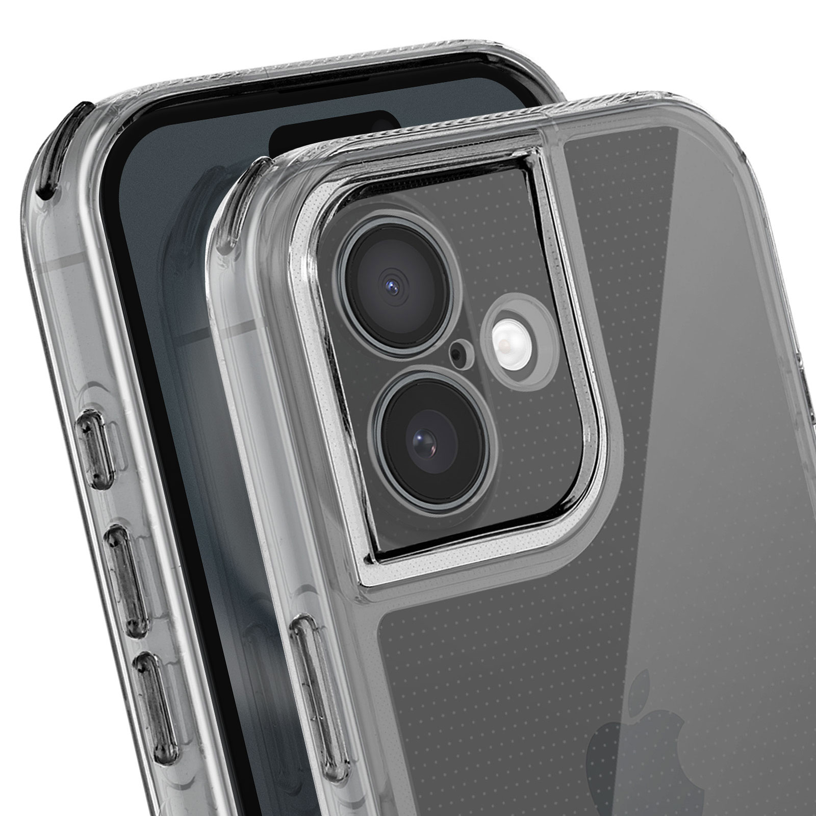 Close-up van twee doorzichtige telefoonhoesjes, de bovenste bedekt de camera en de andere toont het scherm.