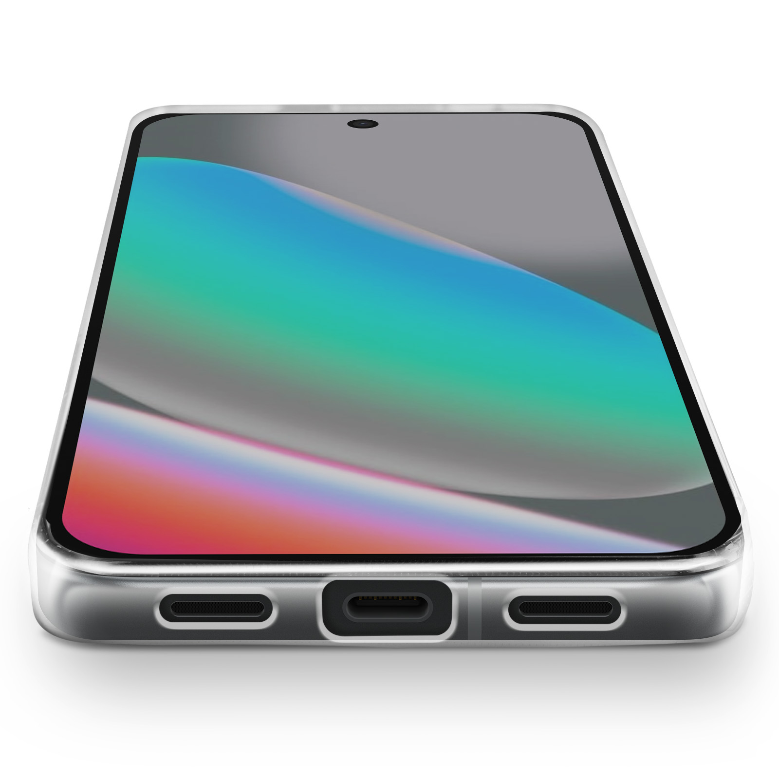 Een smartphone in een doorzichtige hoes. Het scherm toont een kleurrijke, gradiënt achtergrond. De onderkant heeft poorten en een luidspreker.
