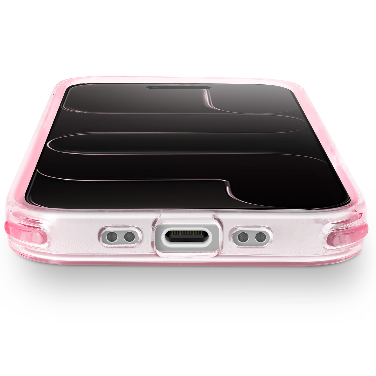 Una custodia per telefono rosa trasparente su sfondo bianco. Lo schermo del telefono è nero. La custodia ha ritagli.