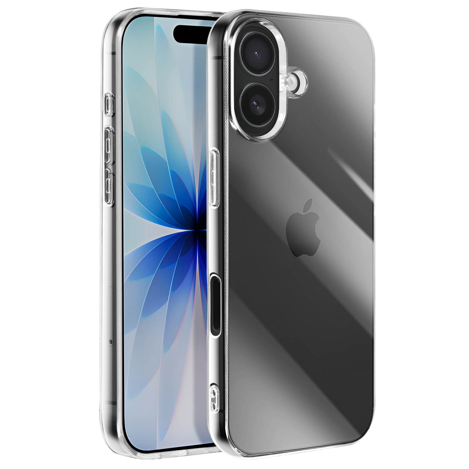 Coque de téléphone transparente avec téléphone dedans, montrant écran et caméra. Logo Apple visible.