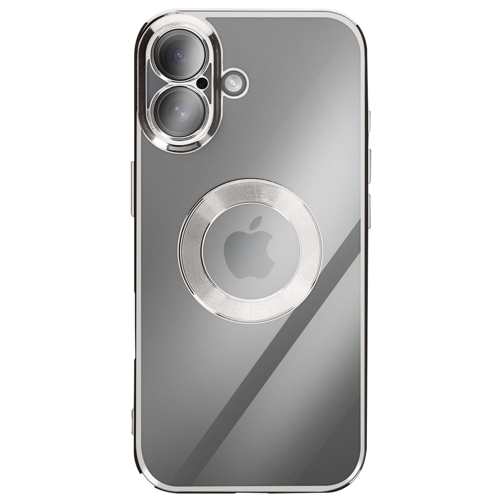 Una custodia per telefono argentata con anelli per fotocamera e logo Apple. La custodia è trasparente, con cornice argentata.