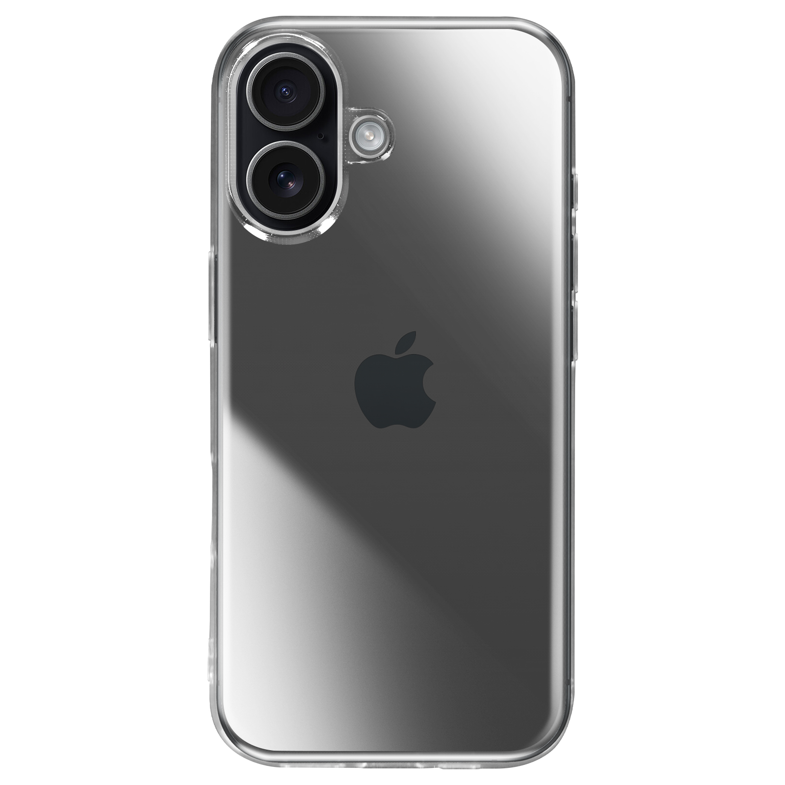 Une coque de téléphone transparente sur un téléphone gris, avec deux objectifs. Le logo Apple est visible. Vue arrière.