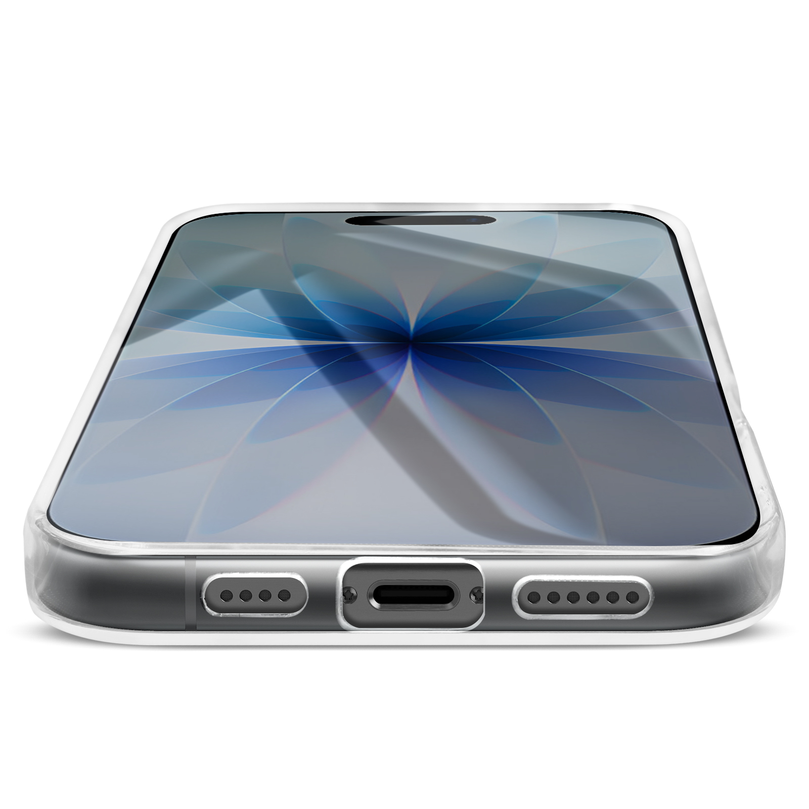 Un smartphone avec une coque transparente, affichant un fond d'écran floral. Le téléphone repose sur une surface blanche.