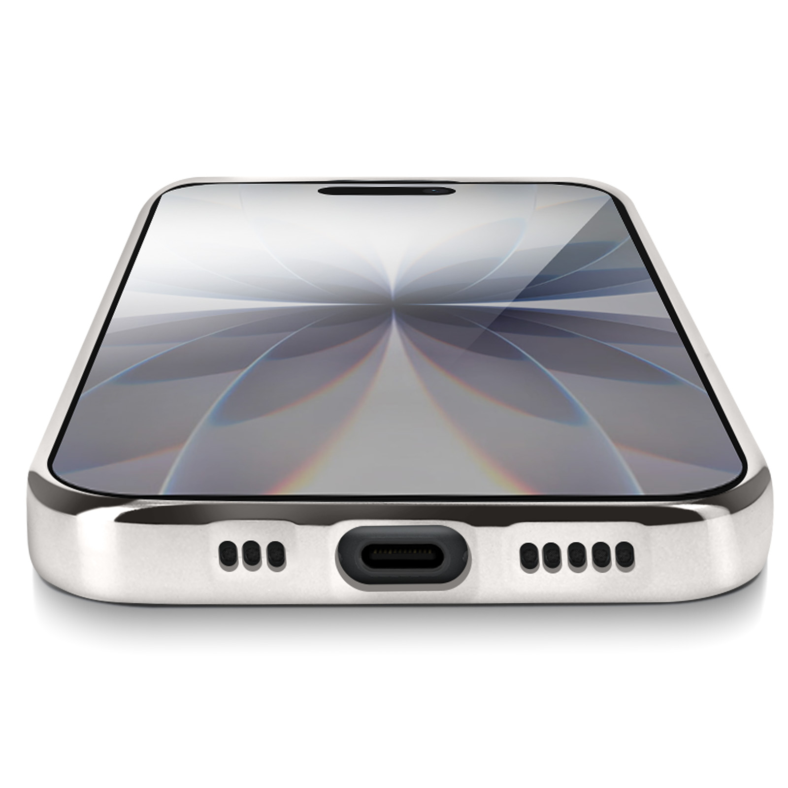 Uno smartphone argentato è visto dal basso. Lo schermo mostra un motivo bianco e grigio. La porta di ricarica è visibile.