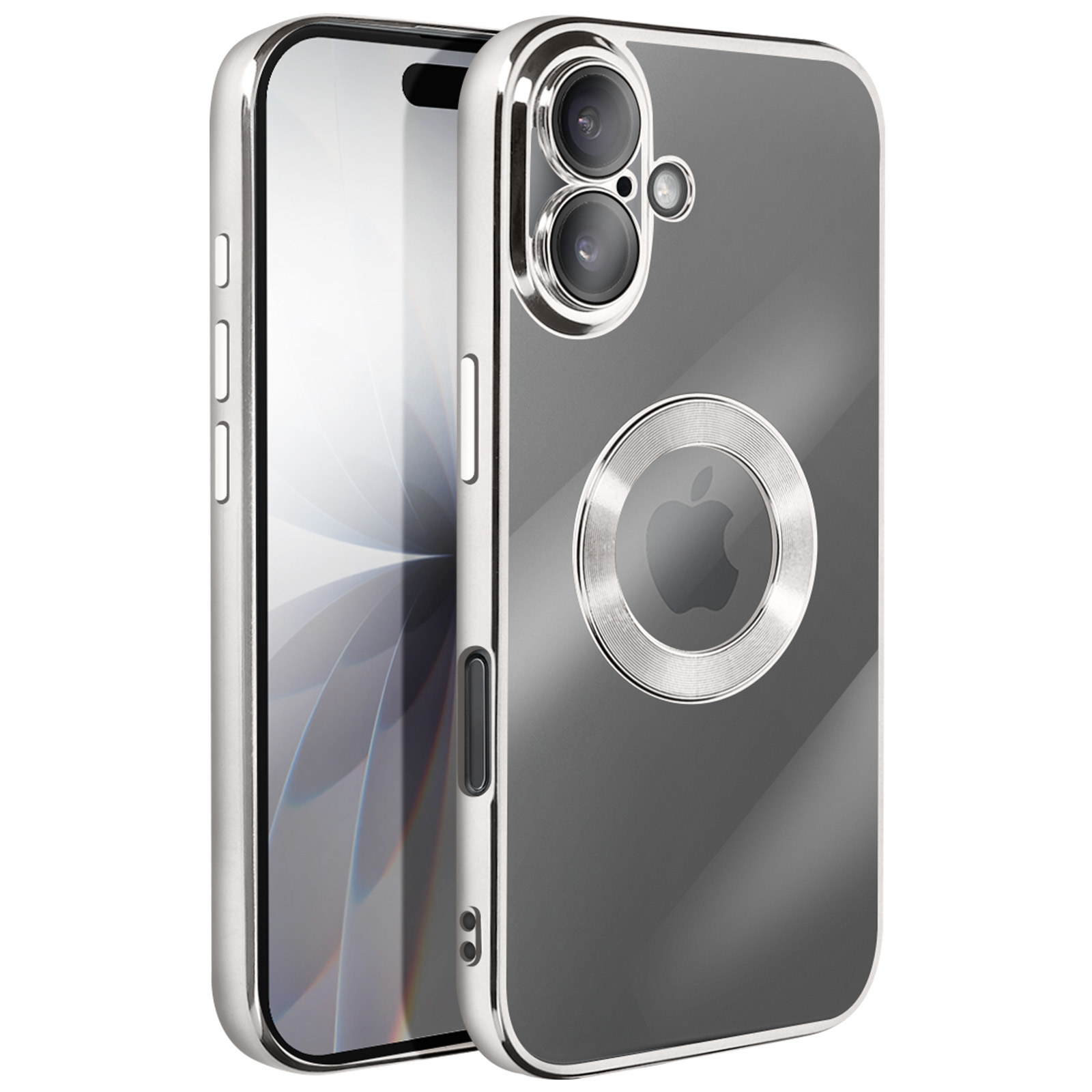 Una custodia per telefono argentata con retro grigio trasparente. Ha un logo Apple metallico e anelli per fotocamera. Lo schermo del telefono è visibile.