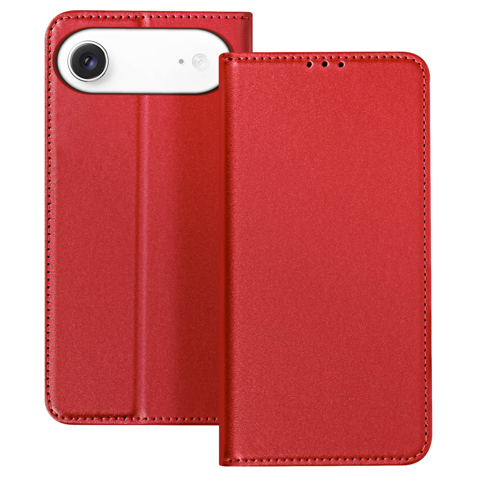 Custodia rossa per telefono aperta per rivelare il retro. La custodia ha un ritaglio per la fotocamera e dettagli di cucitura.