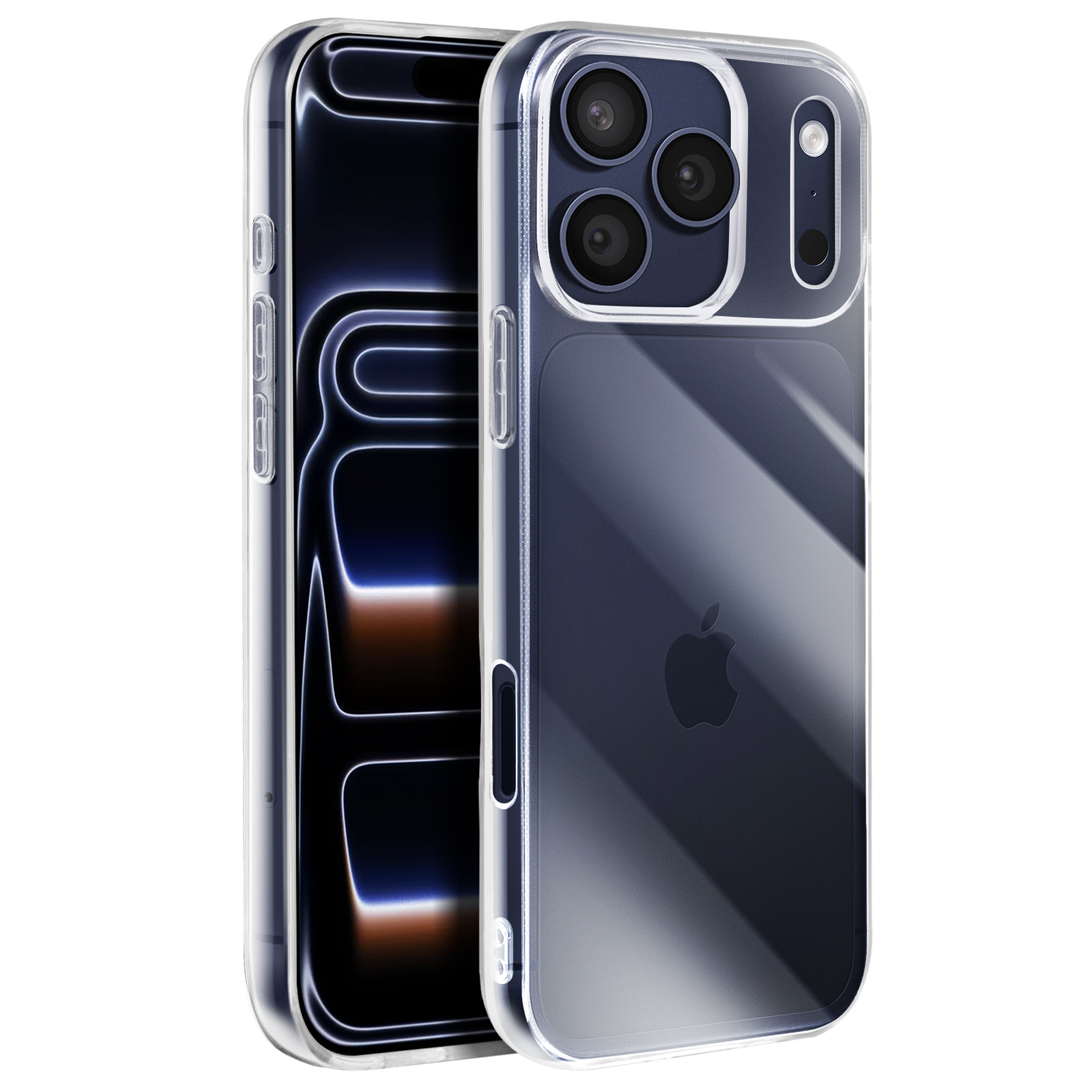 Due smartphone, uno con custodia trasparente, che mostra il gruppo fotocamere e il logo Apple. Gli schermi hanno sfondo scuro.
