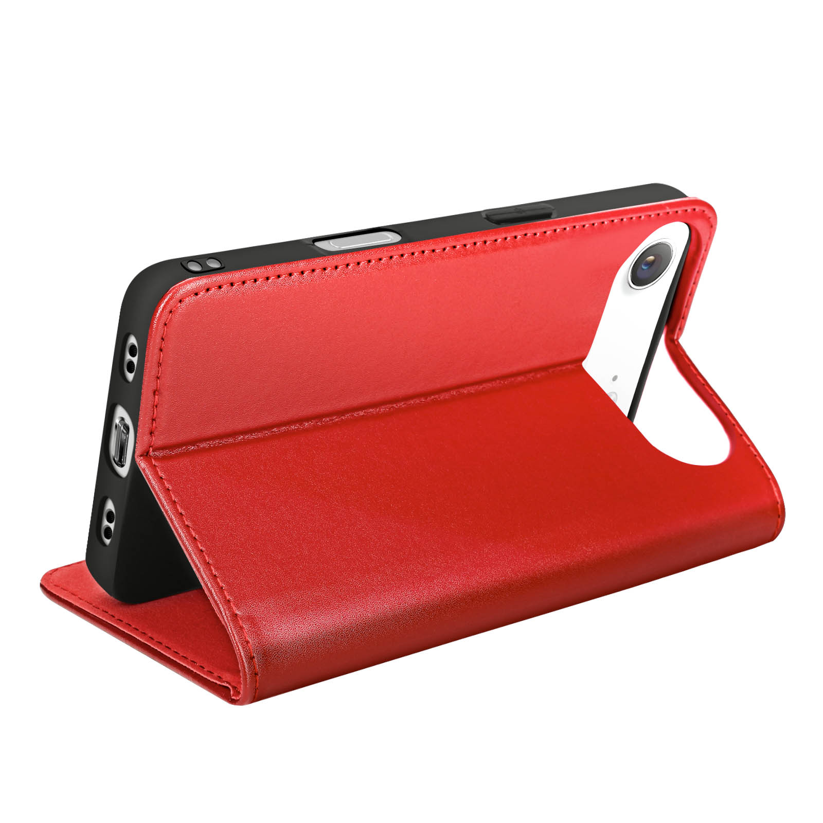 Una custodia in pelle rossa è aperta, rivelando un telefono. La custodia ha cuciture e una chiusura magnetica.