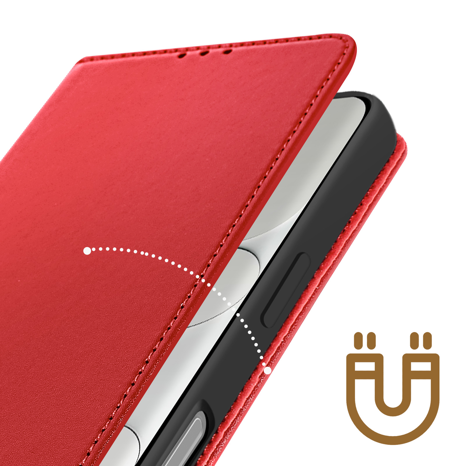 Custodia rossa per telefono con telefono all'interno. Copertura aperta mostra lo schermo del telefono. Icona magnete marrone a destra.