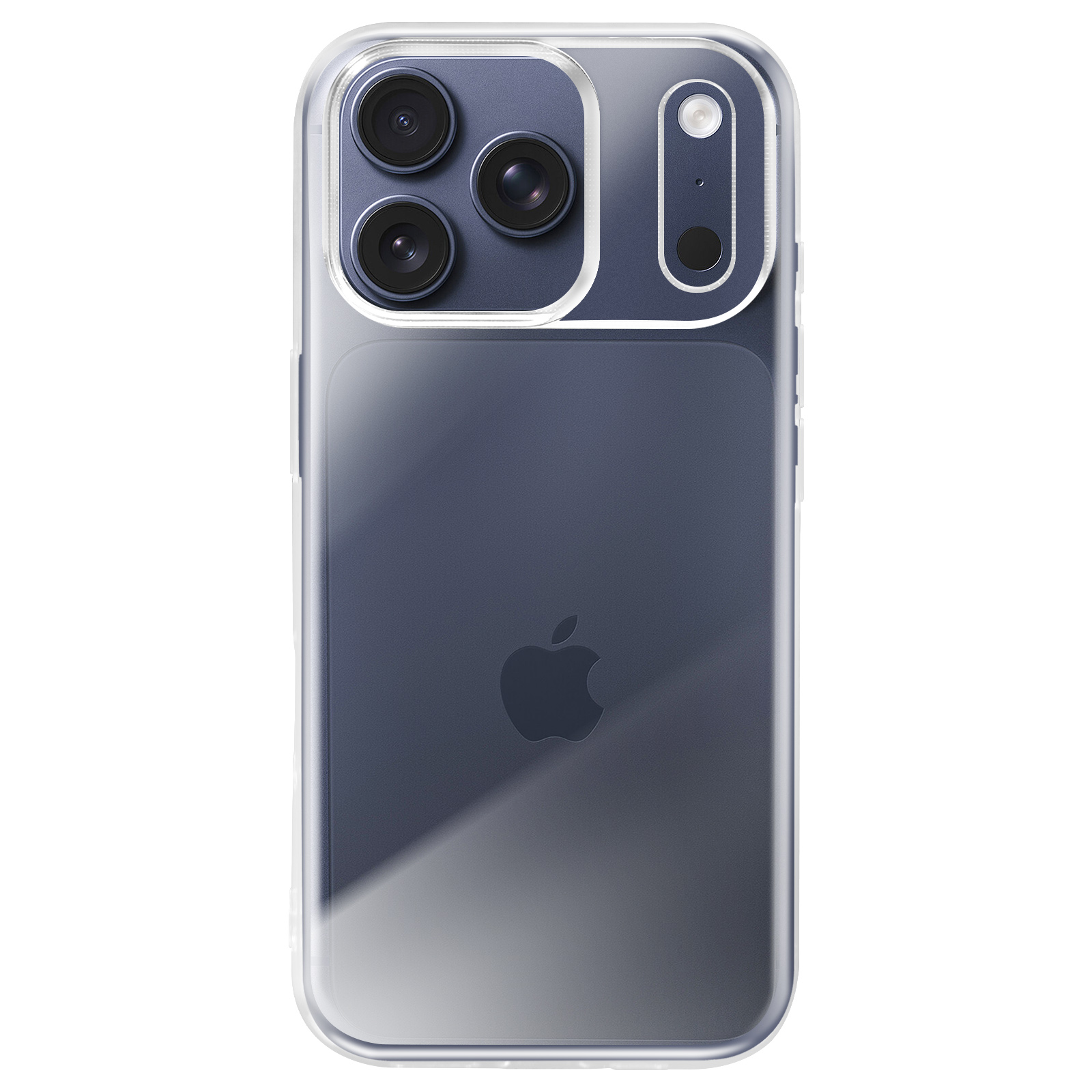 Una custodia trasparente su un telefono blu scuro. La custodia ha un ritaglio per la fotocamera con tre lenti. Logo Apple visibile.