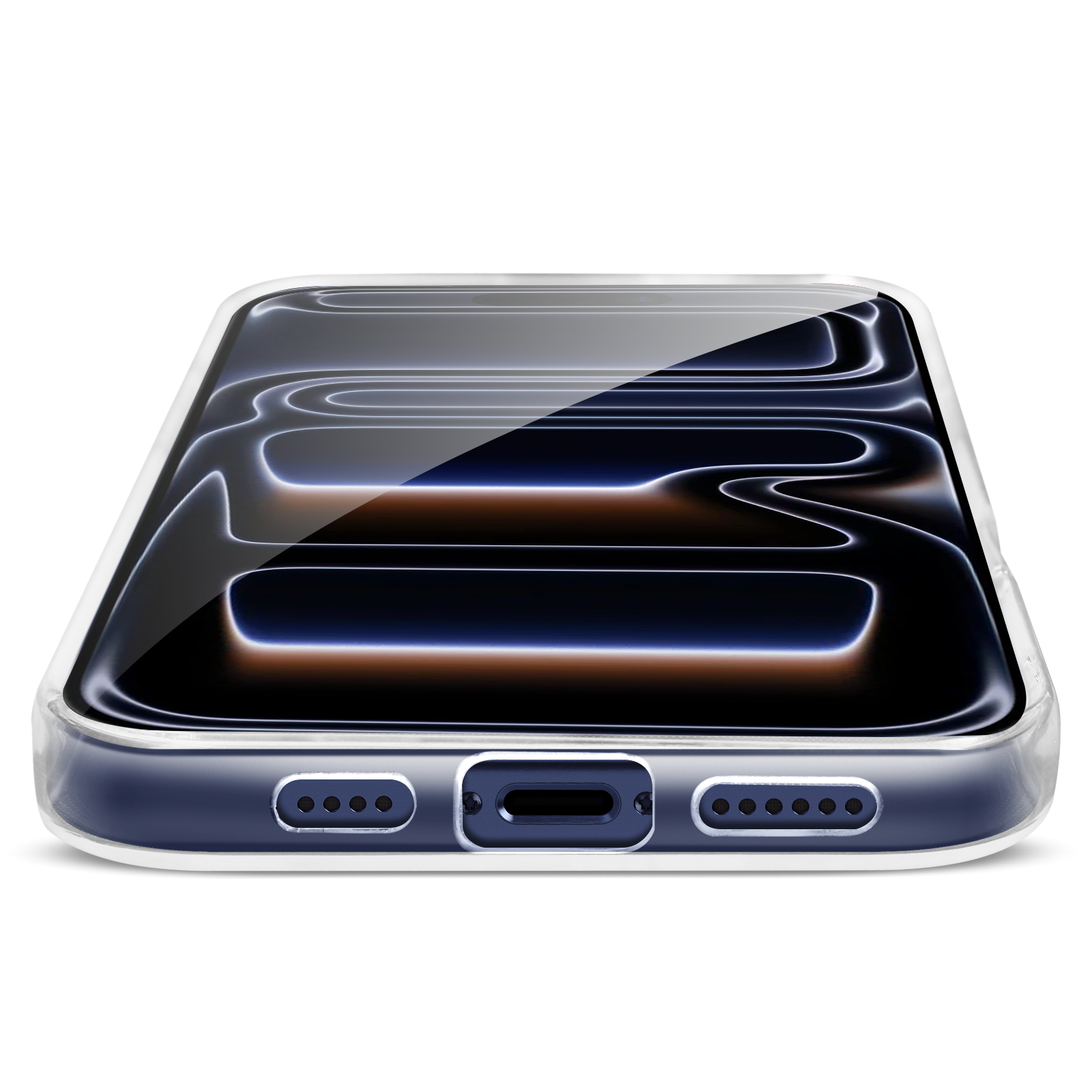 Una custodia trasparente per telefono su sfondo bianco. Lo schermo ha un design scuro con linee curve e luminose.