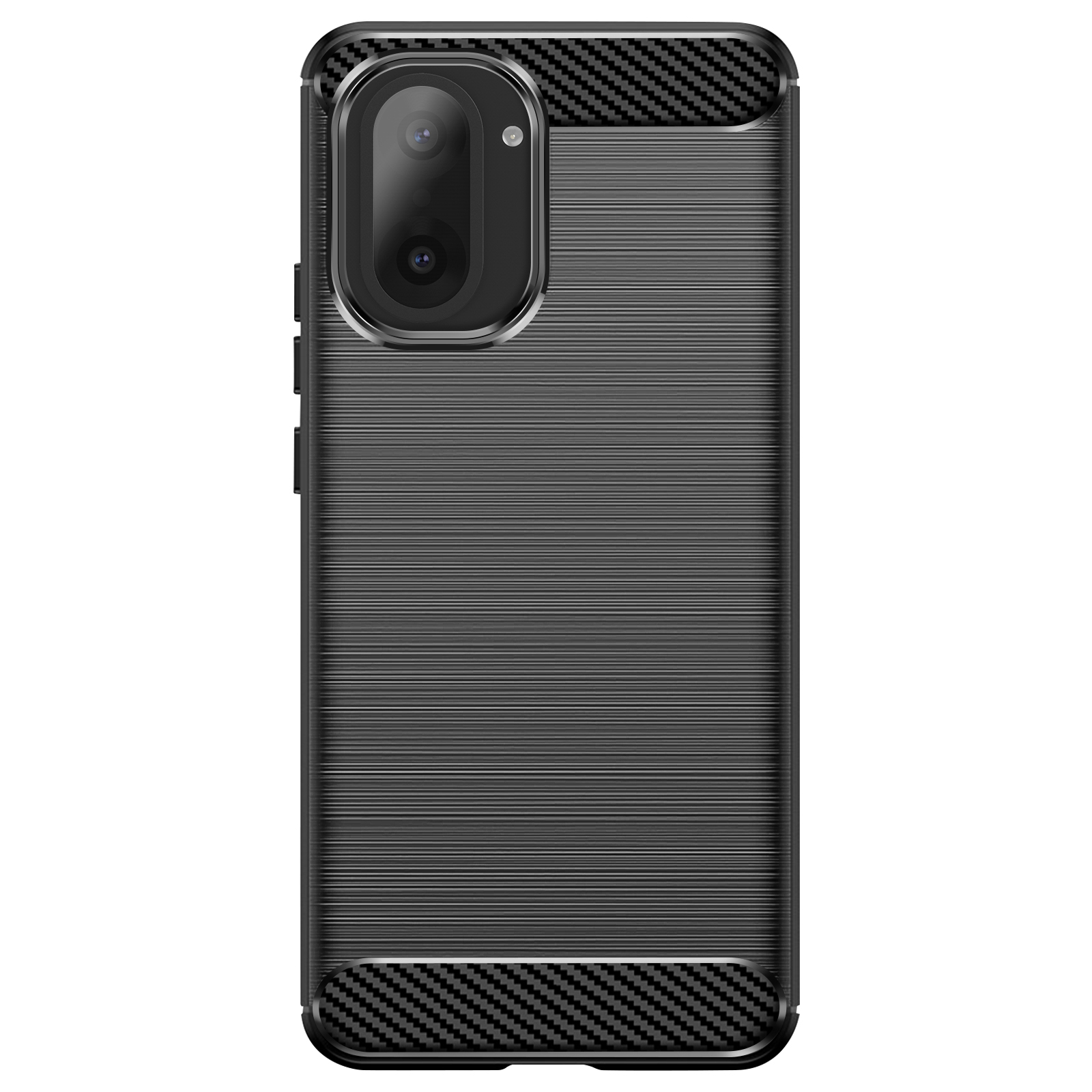 Custodia nera per telefono con superficie strutturata, inserti in fibra di carbonio in alto e in basso, e modulo fotocamera in alto.