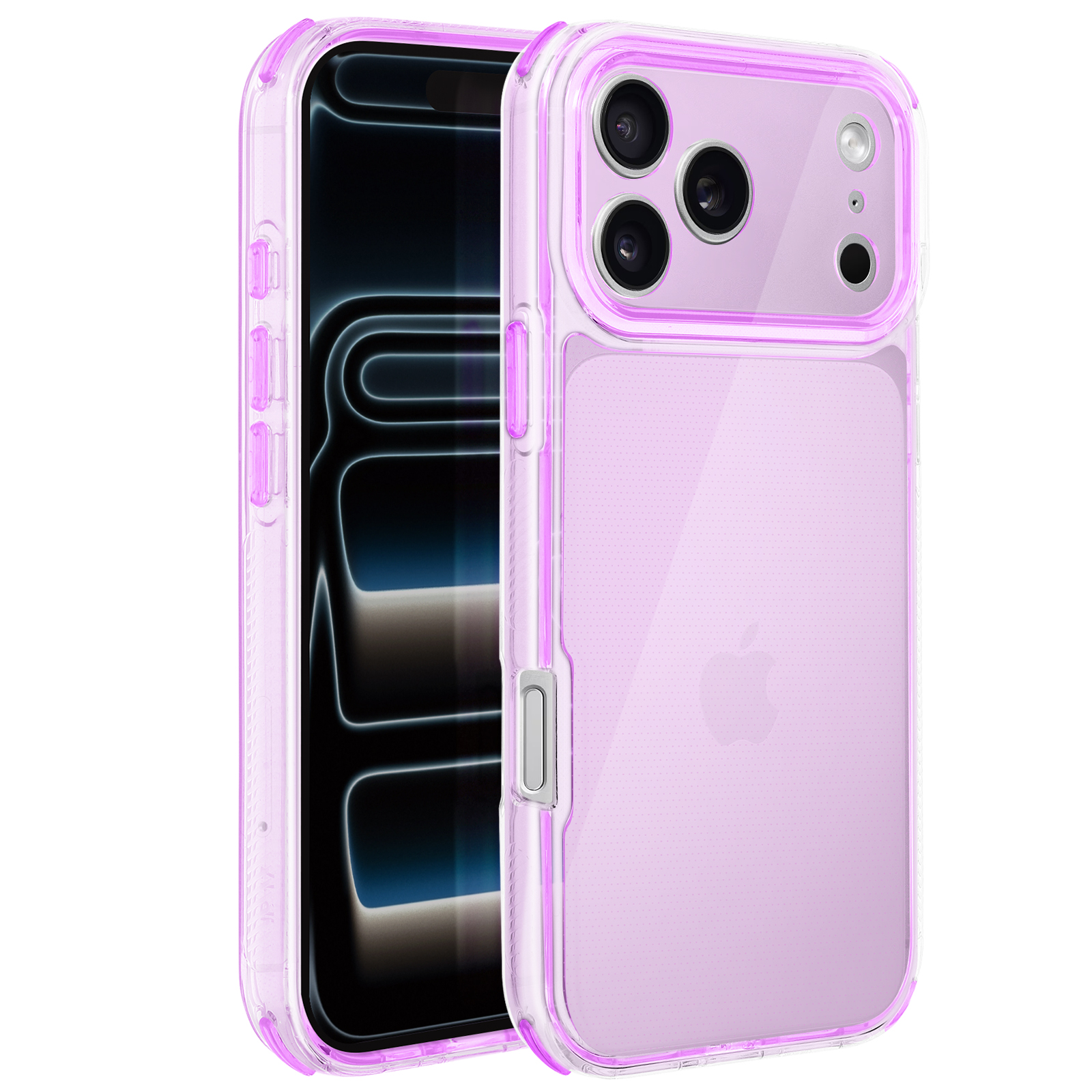Een roze telefoonhoesje met een telefoon erin. De hoes heeft een transparante achterkant en roze randen, met het Apple-logo.