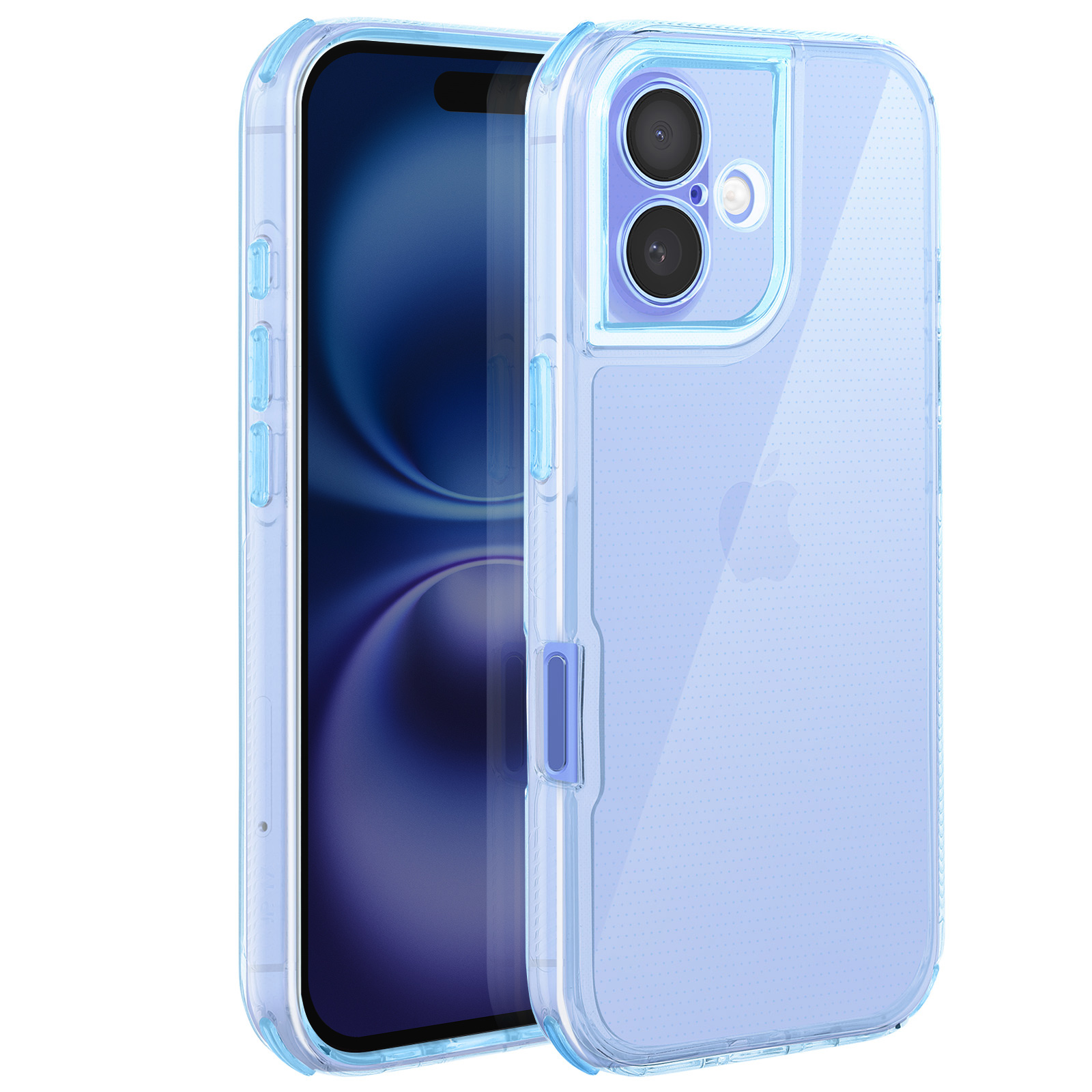 Una custodia trasparente protegge un iPhone. La custodia è blu e trasparente, mostrando lo schermo e la fotocamera del telefono.