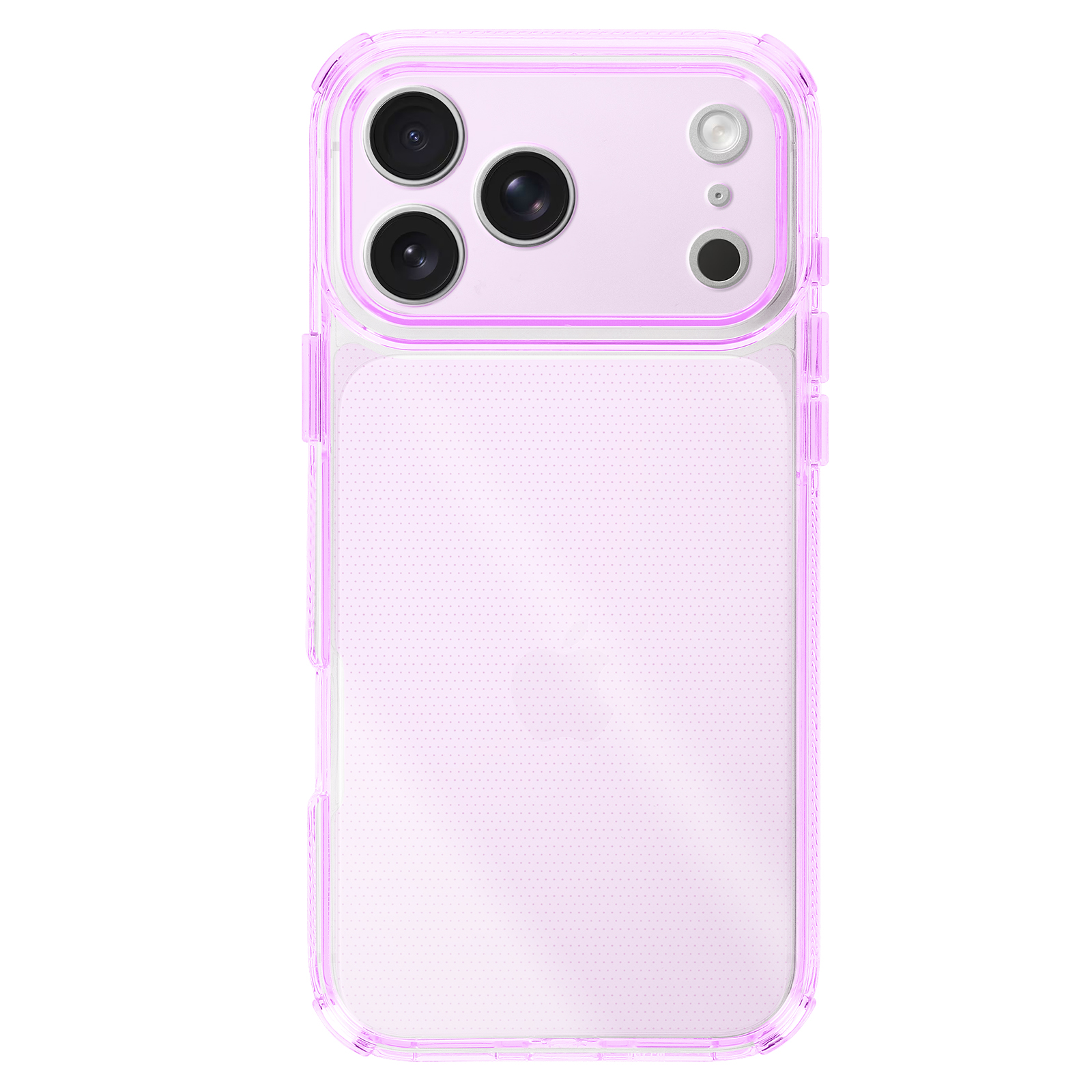 Een doorzichtige telefoonhoes met een roze rand en stippen. Het heeft uitsparingen voor de camera en een transparante achterkant.