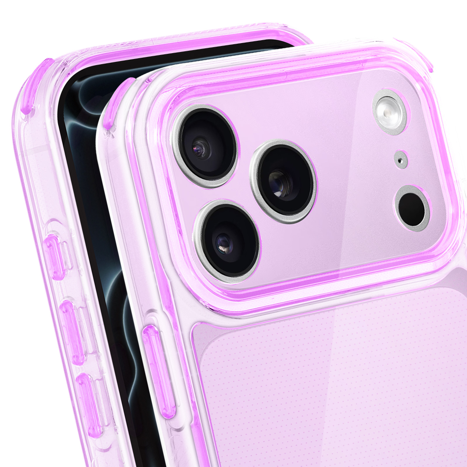 Close-up van een telefoon met een doorzichtige roze hoes. De telefoon heeft een camera met meerdere lenzen aan de achterkant.