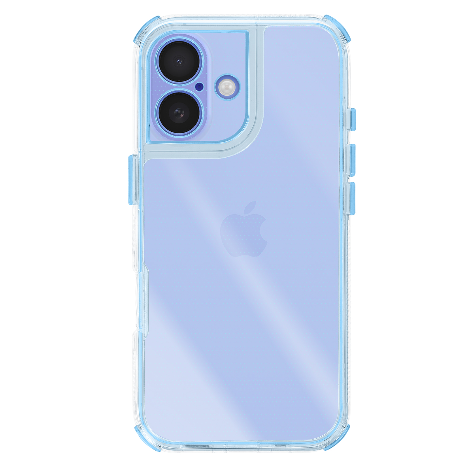 Una custodia trasparente per telefono su un telefono viola. La custodia ha bordi blu.