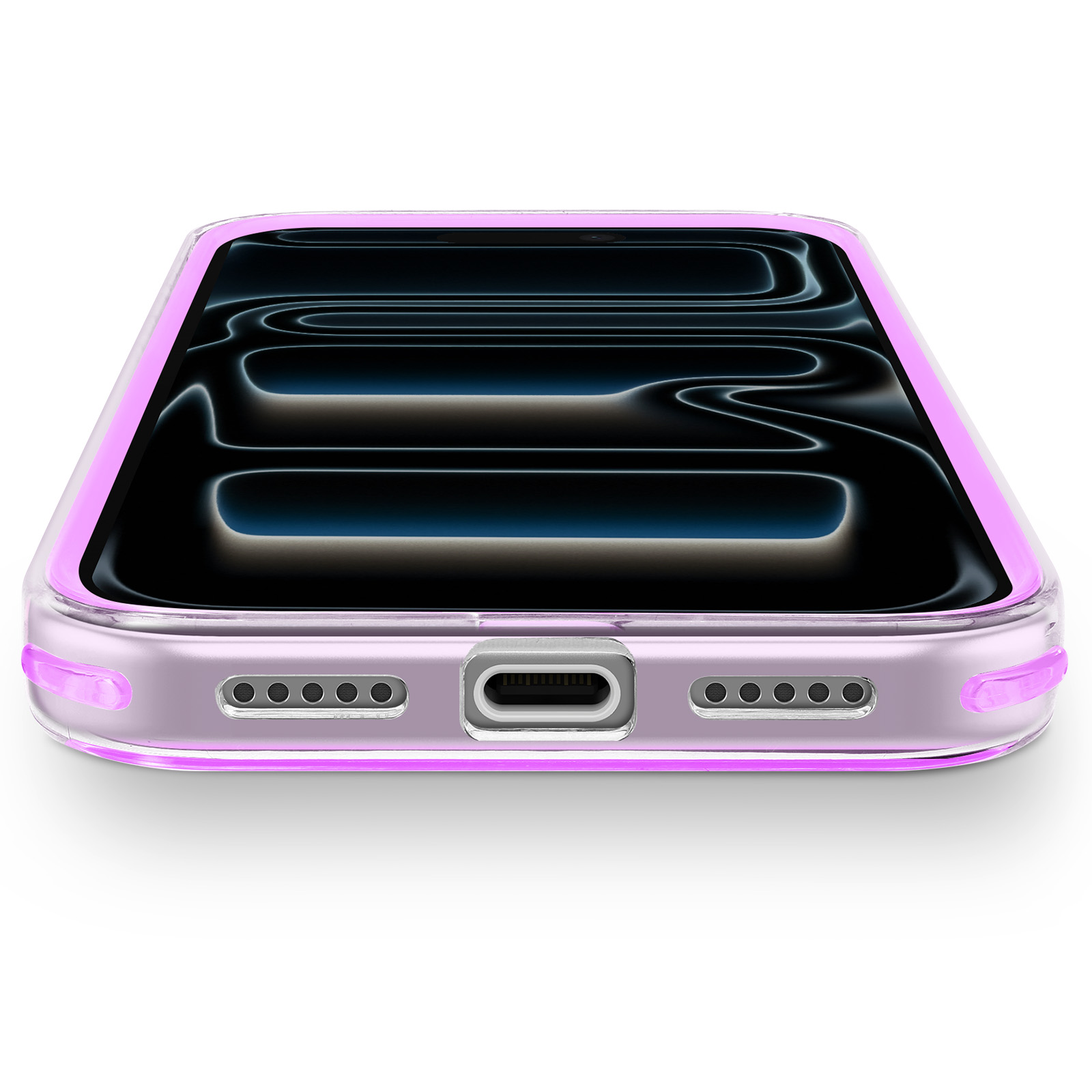 Een telefoonhoesje met roze omtrek en zwart scherm, gezien vanuit een lage hoek. Witte achtergrond.