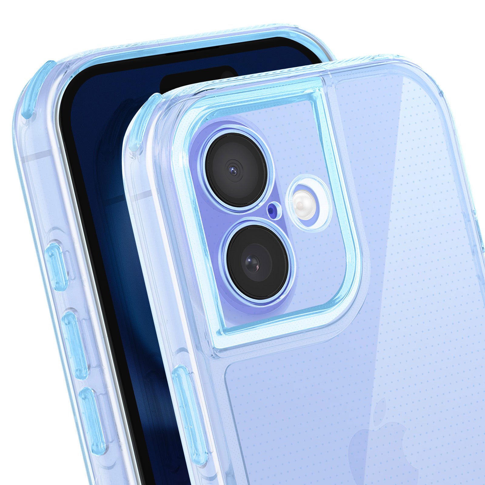 Custodia trasparente per telefono su un telefono. La custodia ha una sfumatura blu. Sono visibili gli obiettivi della fotocamera e il flash.