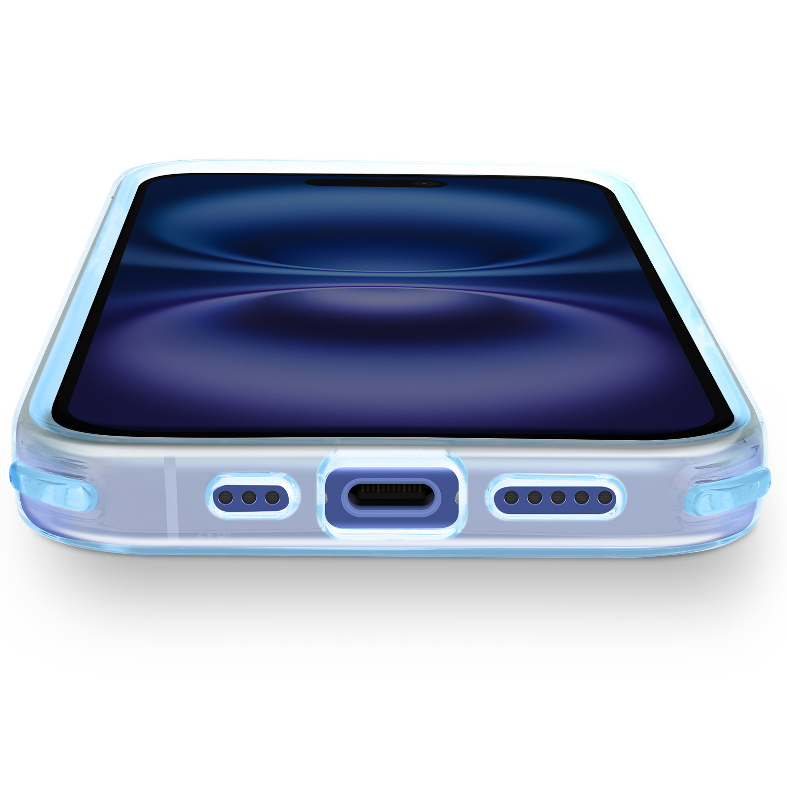 Una custodia trasparente per telefono con dettagli blu, che mostra la parte inferiore di un telefono con schermo blu scuro. Sfondo bianco.