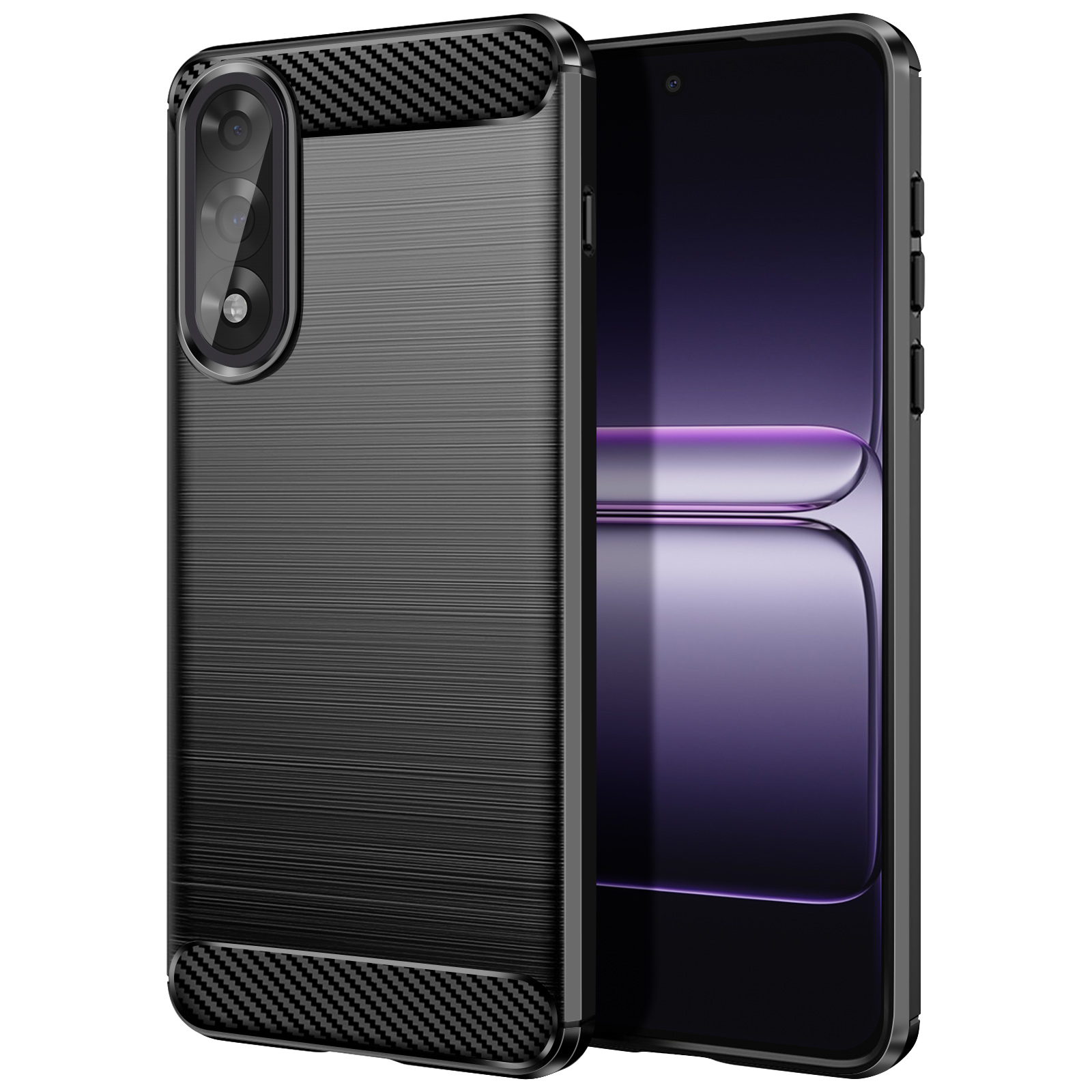 Un smartphone noir avec un étui. L'étui a un design en fibre de carbone en haut et en bas.
