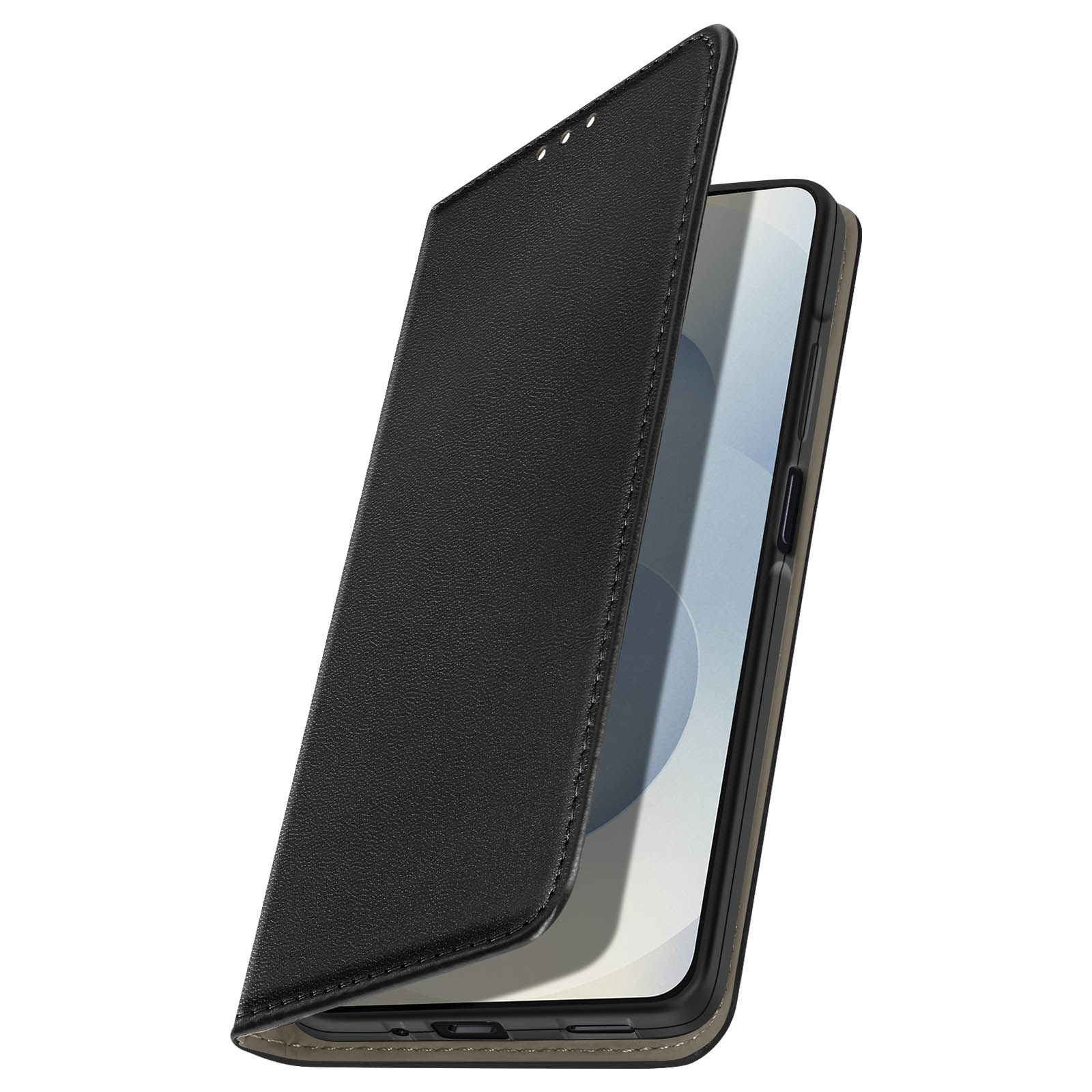 Étui de téléphone noir, partiellement ouvert, révélant un écran de téléphone. Étui en cuir avec couture. Fond blanc.
