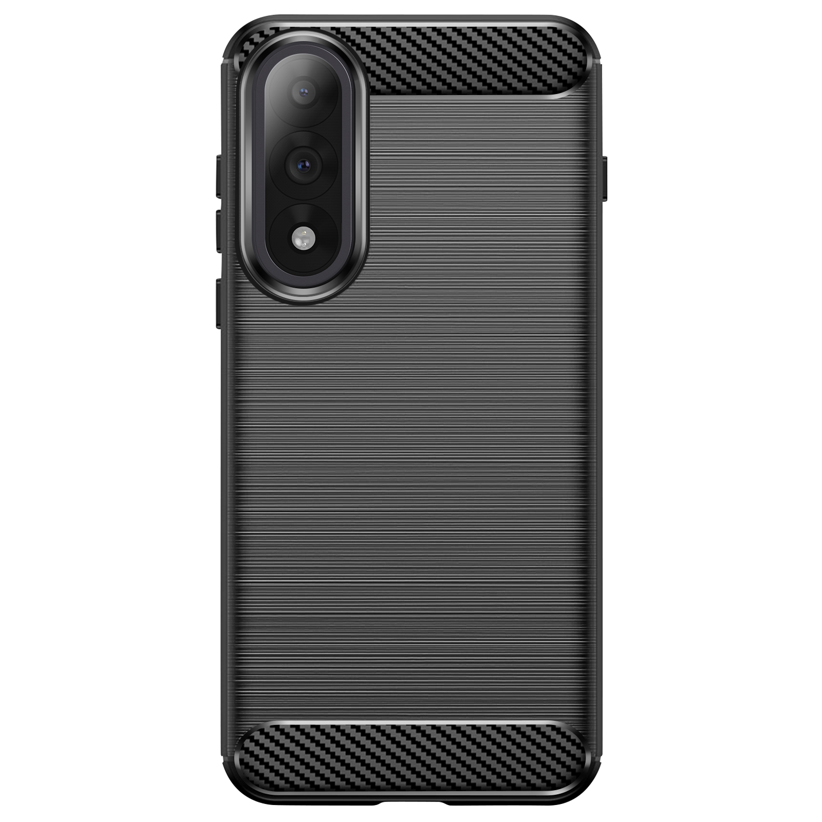 Coque de téléphone noire avec des accents en fibre de carbone et des lignes horizontales. Elle a un appareil photo à trois lentilles.