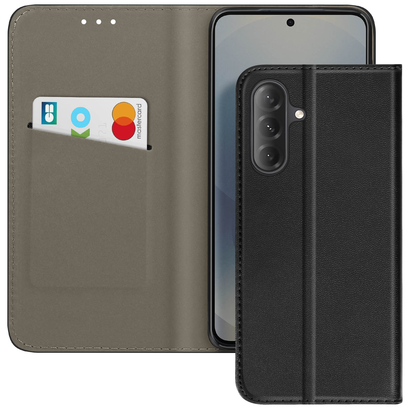 Un étui de téléphone noir avec un téléphone à l'intérieur, une carte de crédit est dans une fente. L'étui est ouvert.