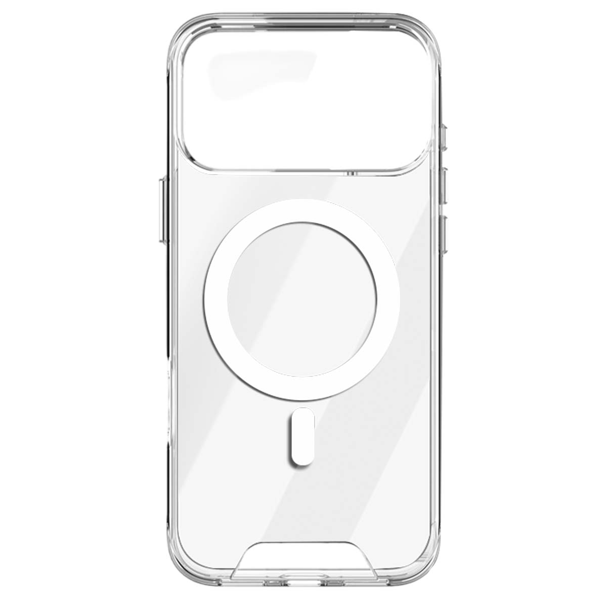 Una custodia trasparente per telefono. Ha un cerchio e un rettangolo arrotondato sul retro, presumibilmente per un caricatore.