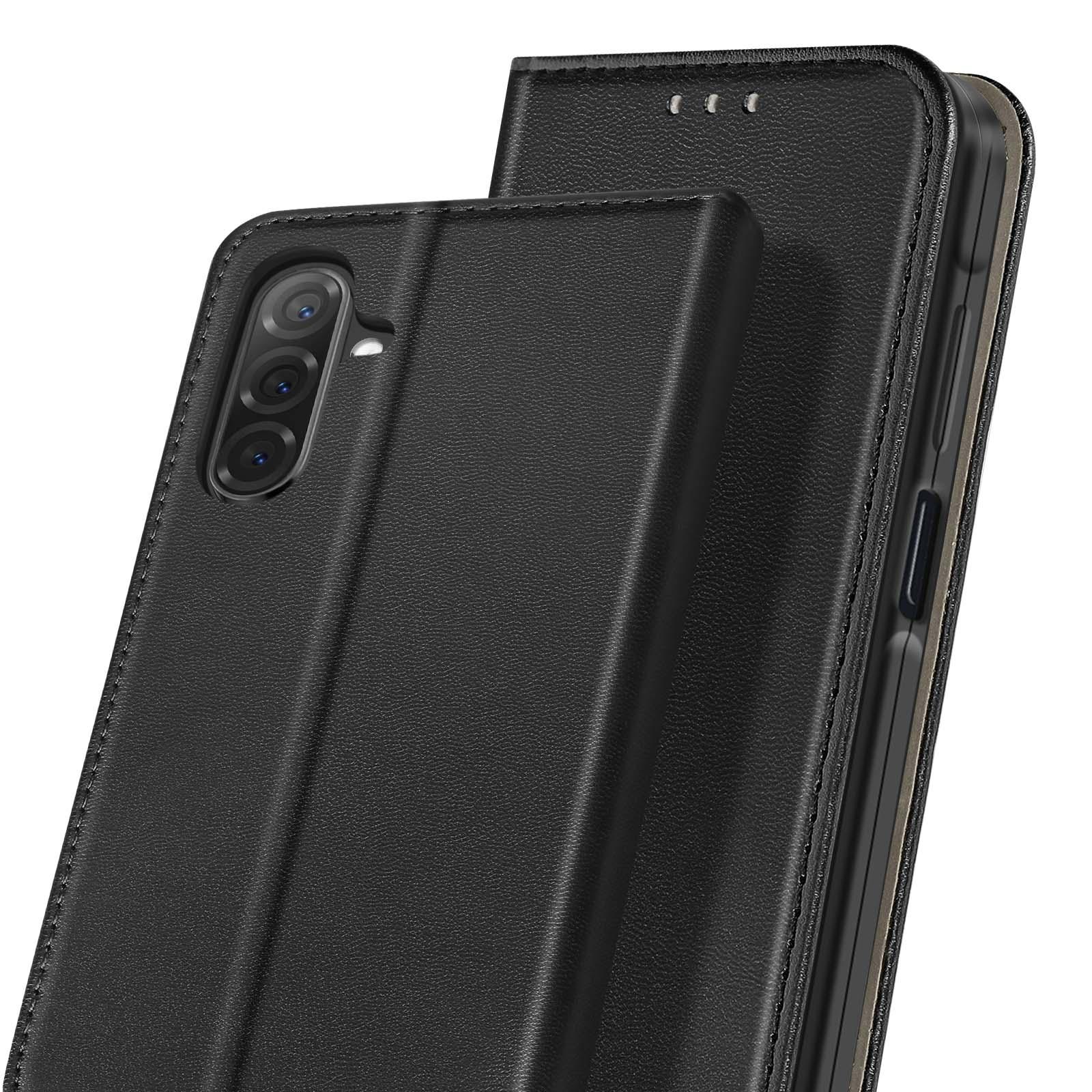 Étui de téléphone noir, ouvert et plié. Caméras de téléphone visibles sur le côté. Texture cuir visible.
