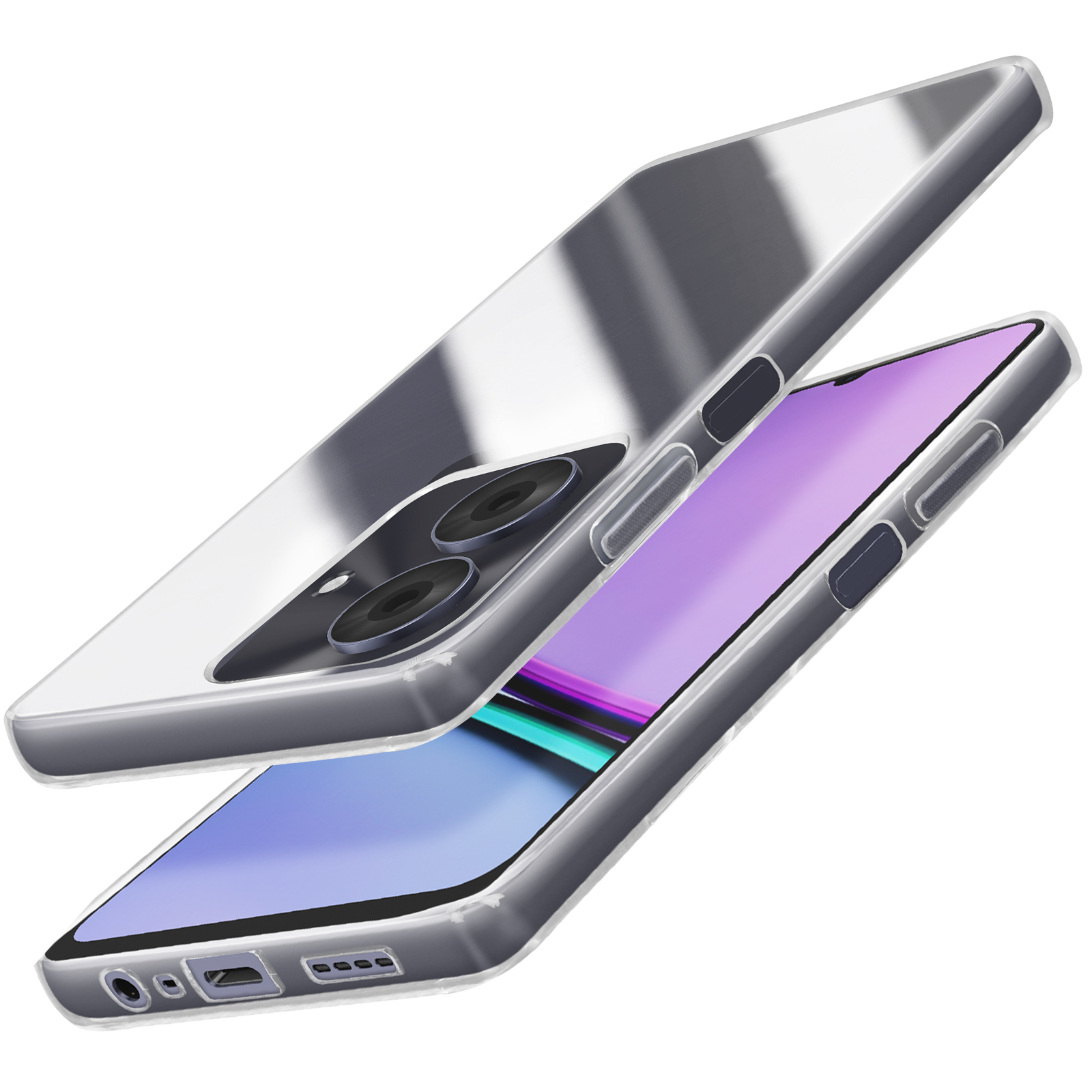 Un telefono in una custodia trasparente, che mostra lo schermo e le lenti della fotocamera. Ha un display sfumato.
