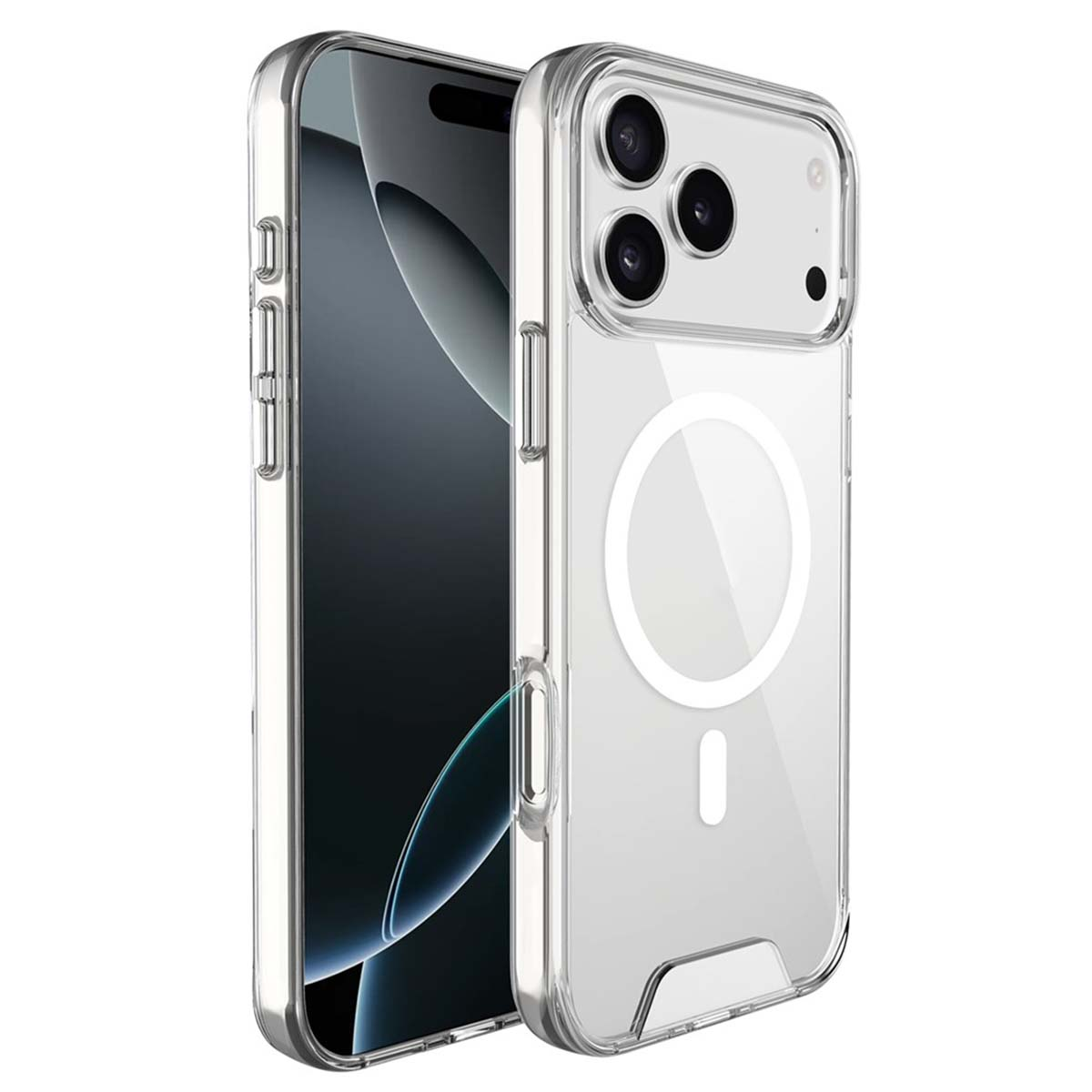 Custodia trasparente per telefono con telefono all'interno. La custodia ha un design circolare bianco e una linea. Il telefono ha schermo nero.