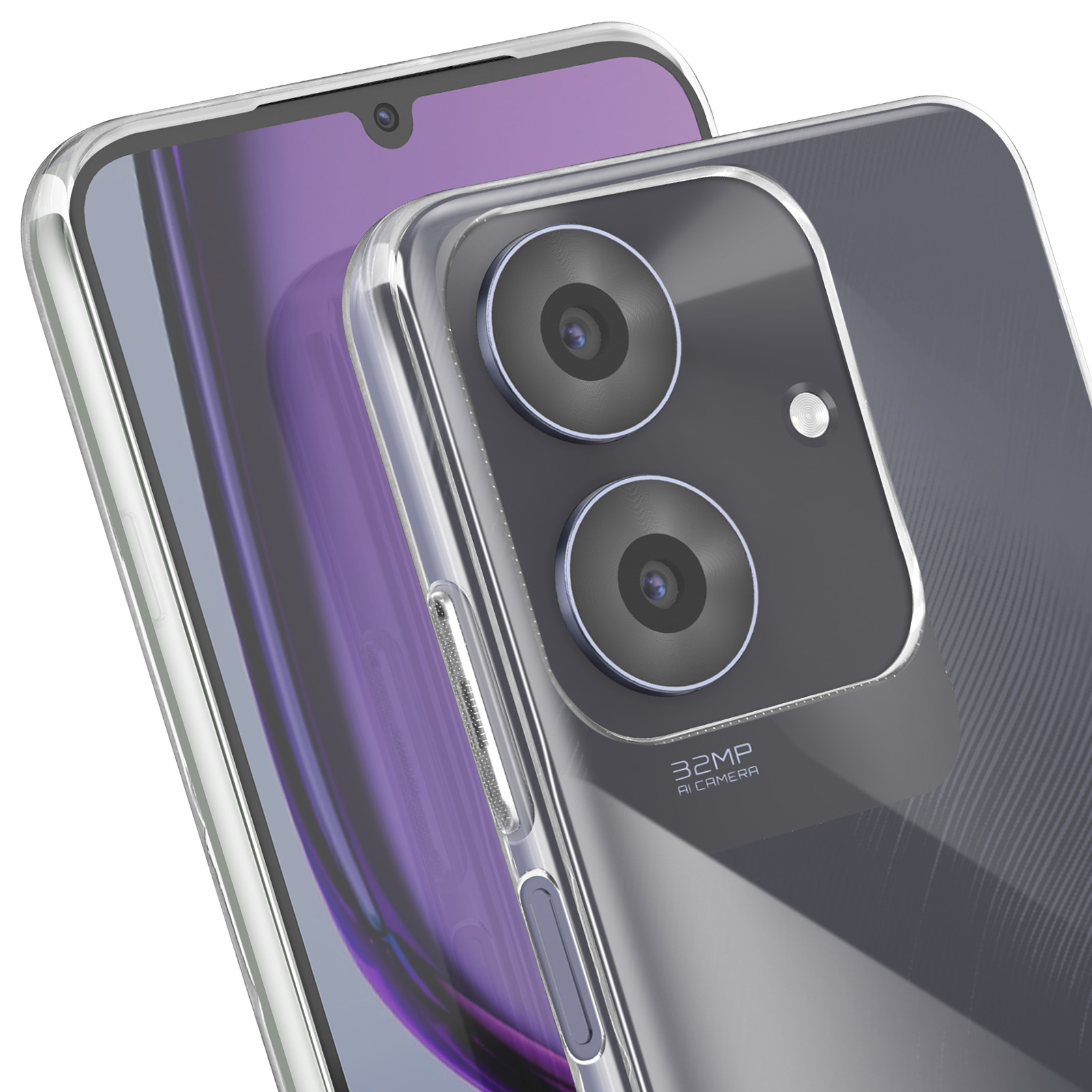 Primo piano di due smartphone con custodie trasparenti. Un telefono è in primo piano, l'altro dietro. Lo sfondo è bianco.