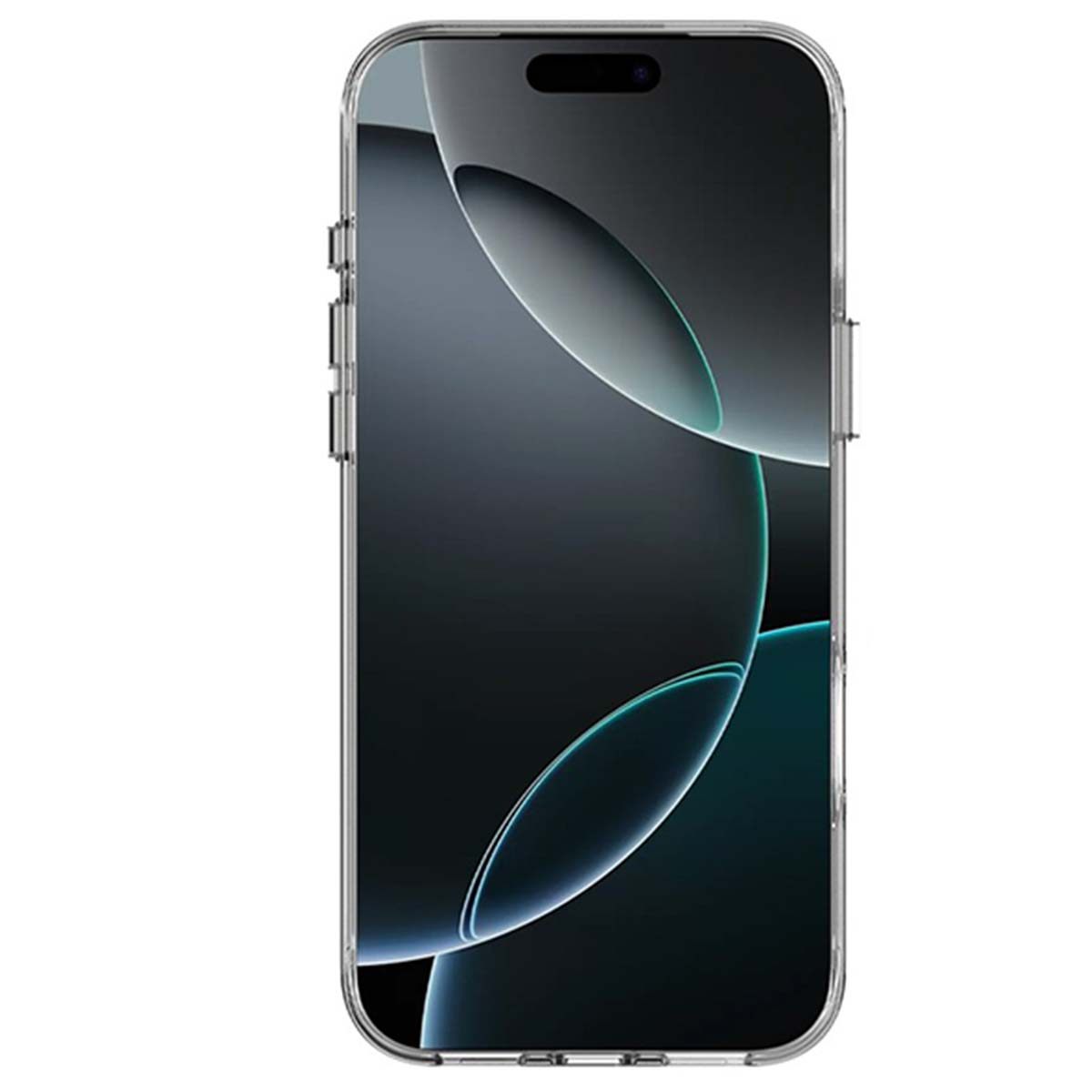 Una custodia trasparente su uno smartphone. Lo schermo mostra un design astratto scuro con accenti turchesi e bianchi.
