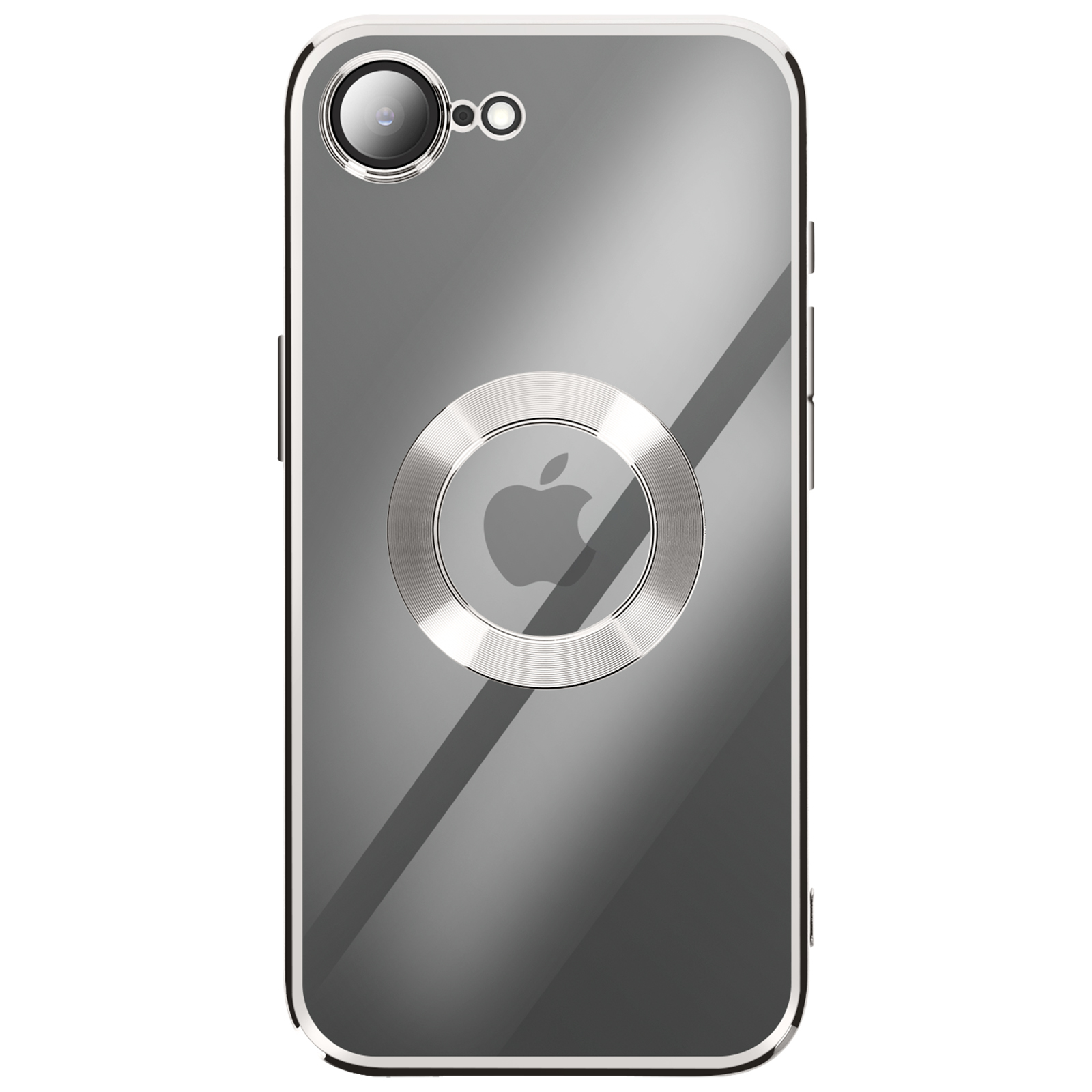 Une coque de téléphone avec un logo Apple argenté et une caméra. Le boîtier est gris, avec un bord blanc et un anneau argenté.
