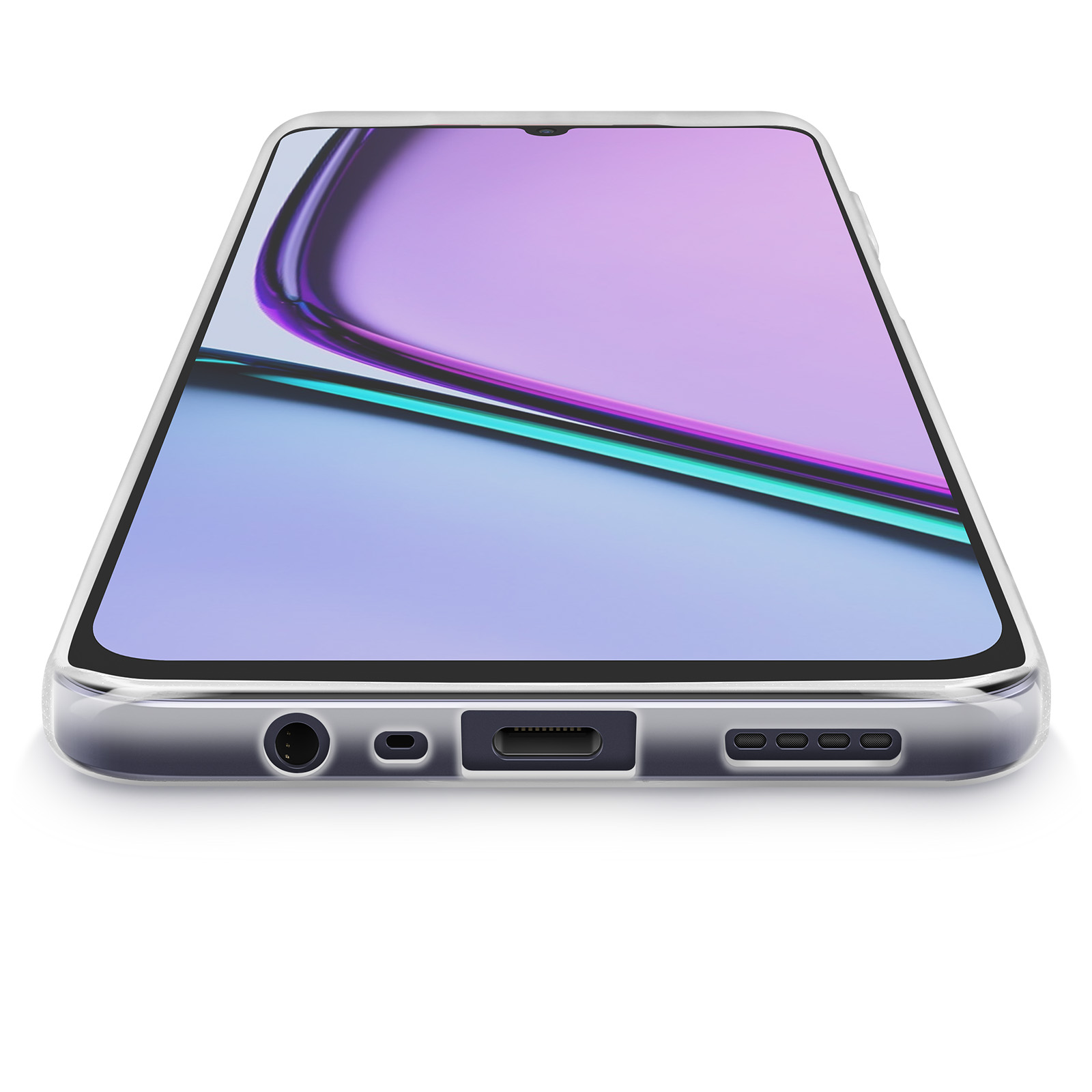 Uno smartphone con schermo viola e blu. È argento e bianco su una superficie bianca.