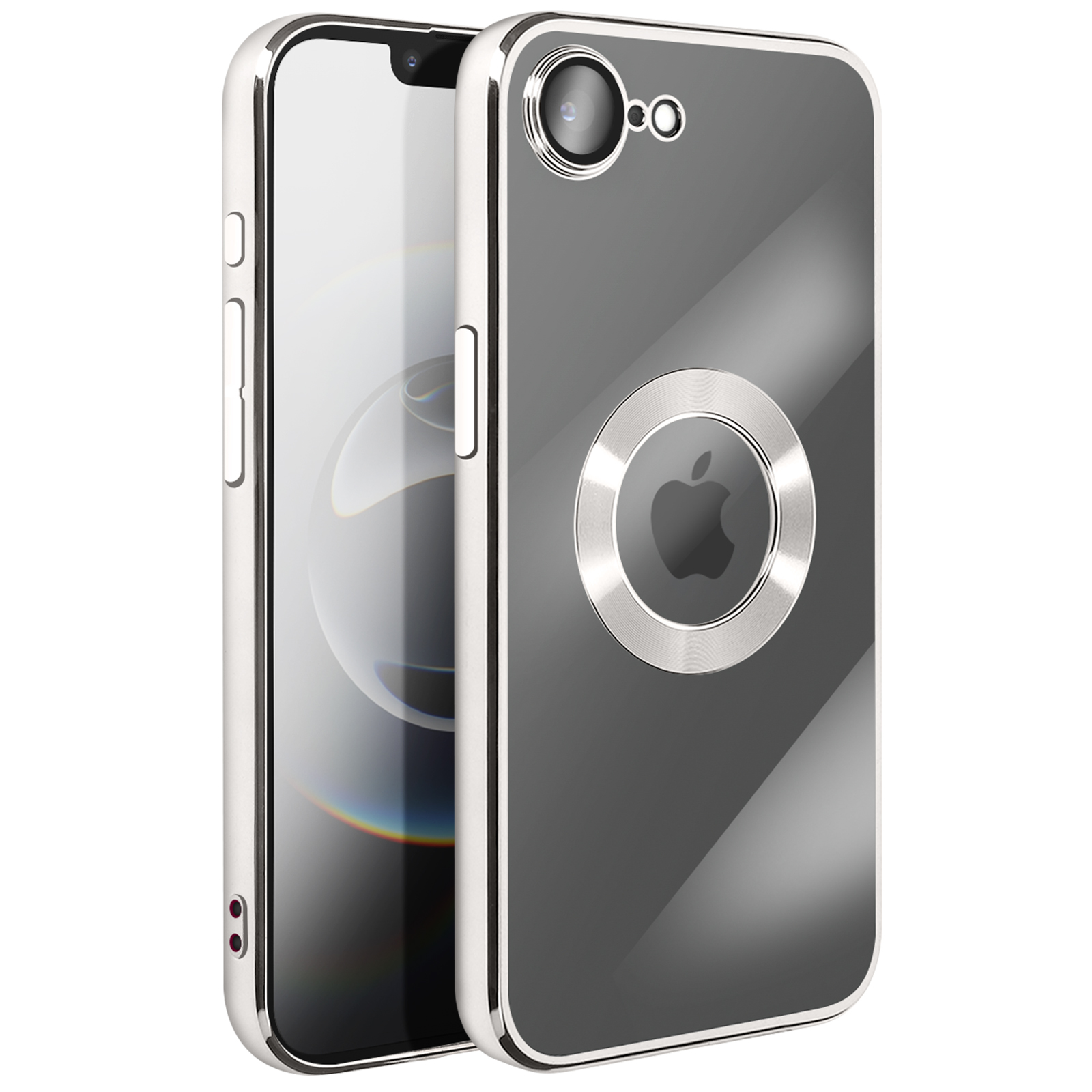 Deux smartphones avec des cadres métalliques. L'un montre l'écran, l'autre a un logo Apple au dos.