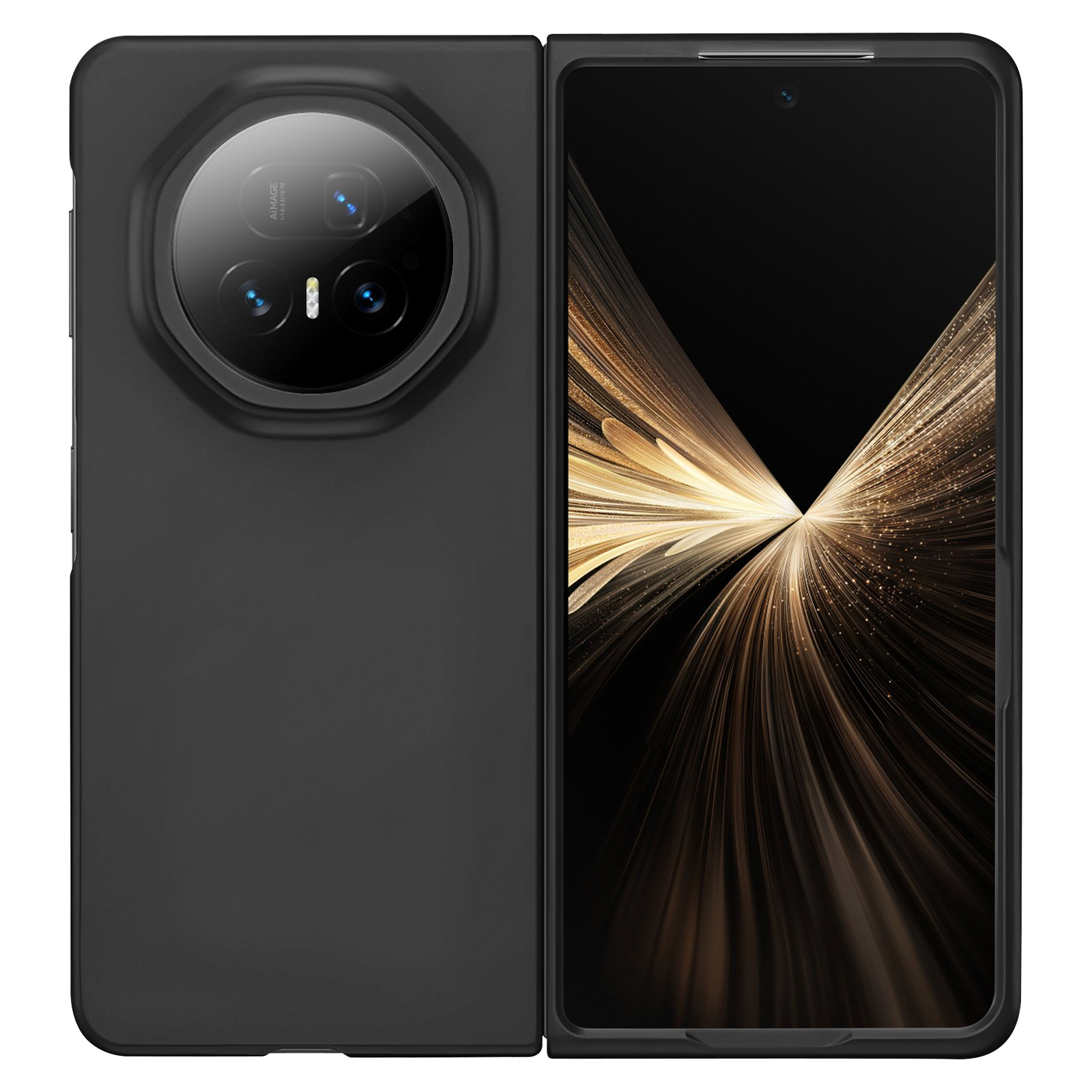 Téléphone pliable noir avec un grand module caméra à gauche et un écran affichant des rayons dorés à droite.