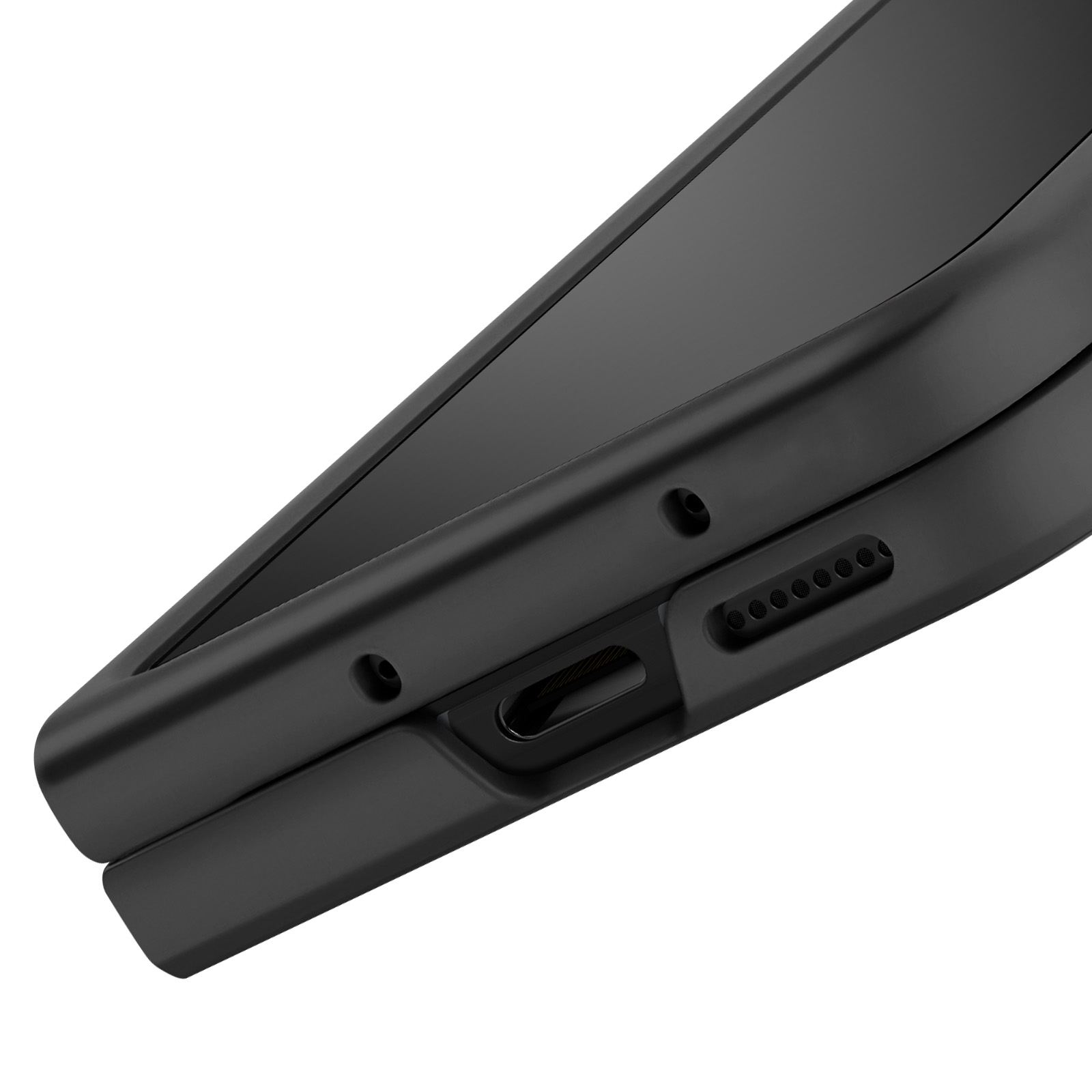 Gros plan d'un téléphone noir. Montre le côté avec le port de charge, les trous du haut-parleur et une charnière. Fond blanc.