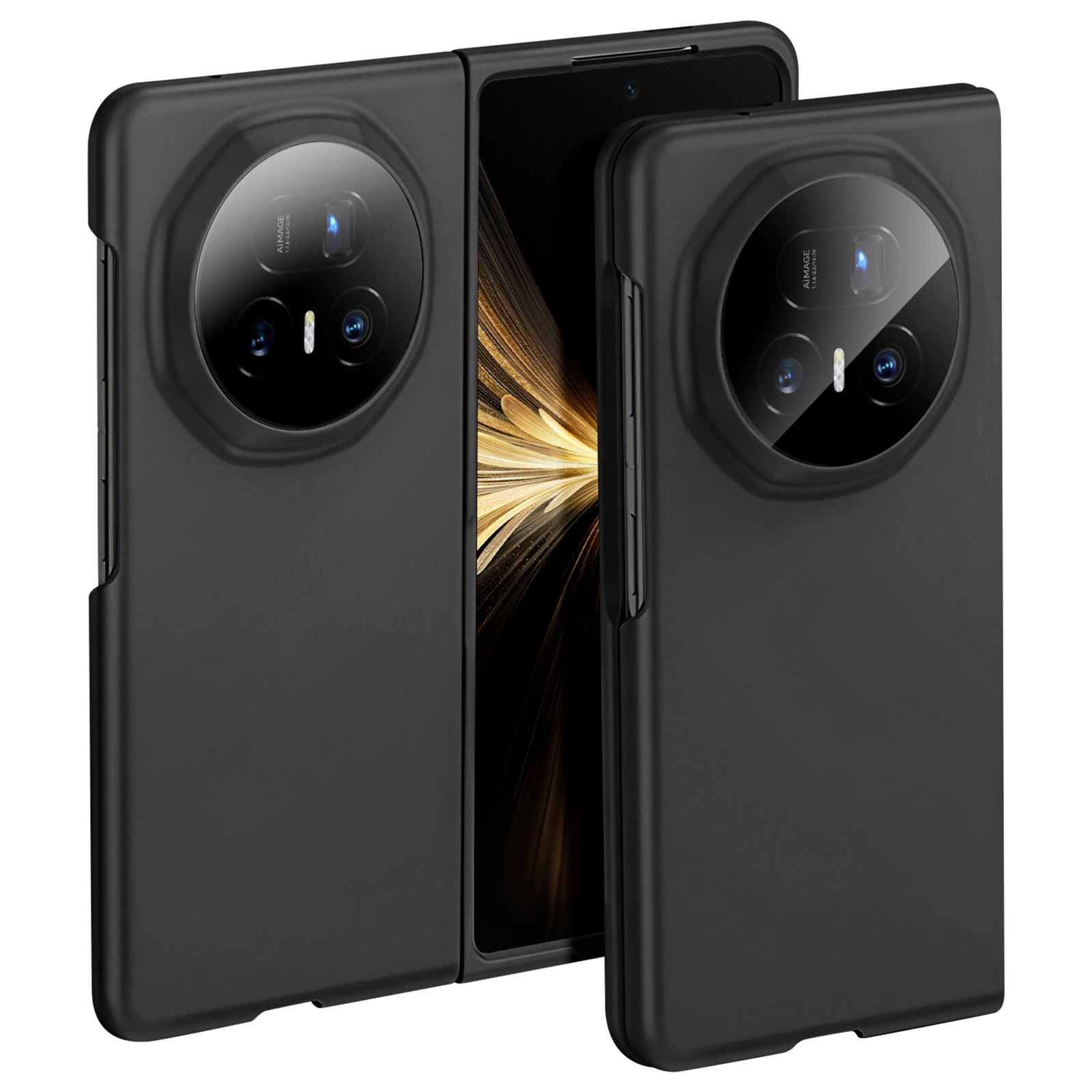 Étui de téléphone noir avec bosses d'appareil photo circulaires. Téléphone partiellement ouvert, révélant un écran avec motif doré.
