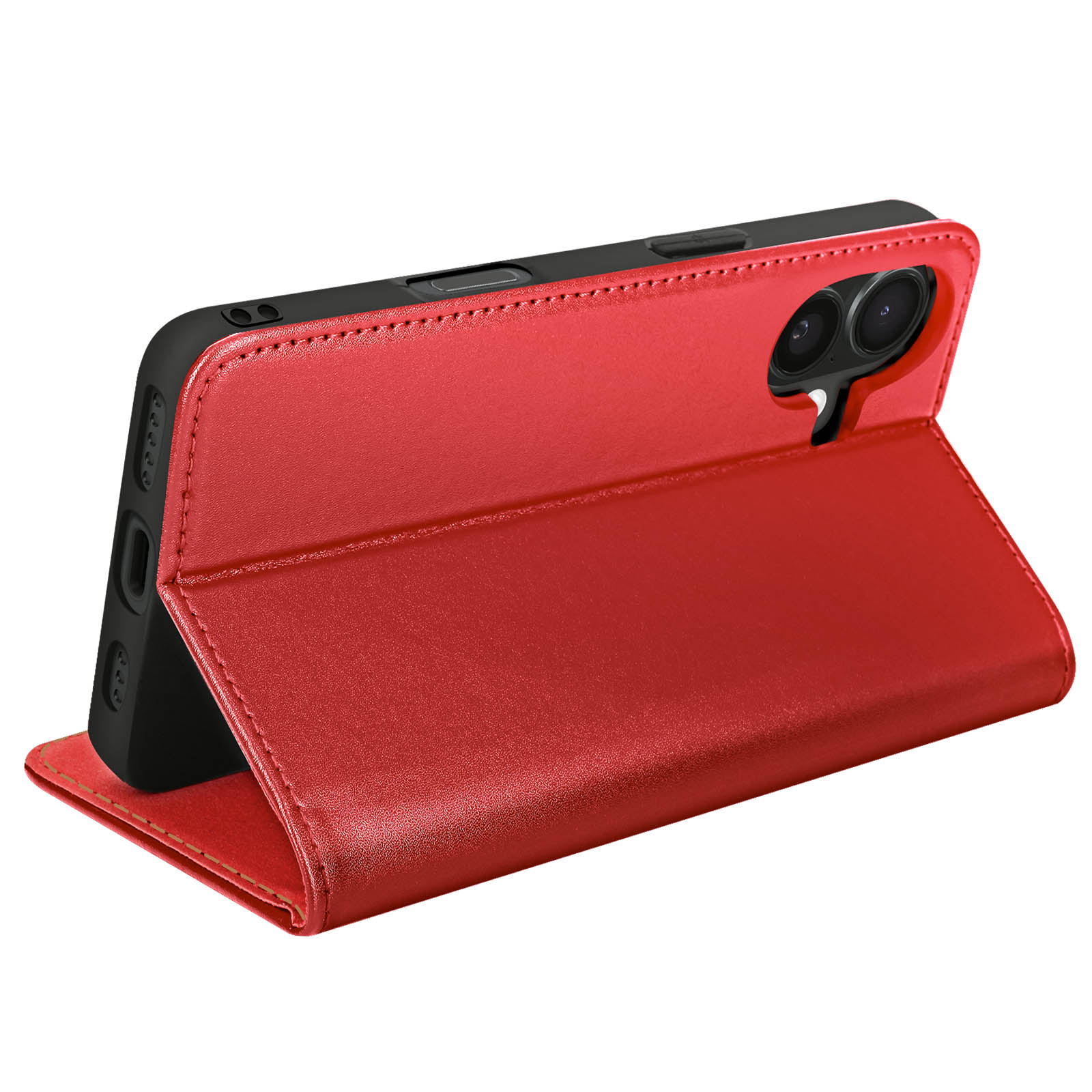 Una custodia per telefono in pelle rossa è aperta, mostrando il telefono all'interno. La custodia ha cuciture e una chiusura magnetica.