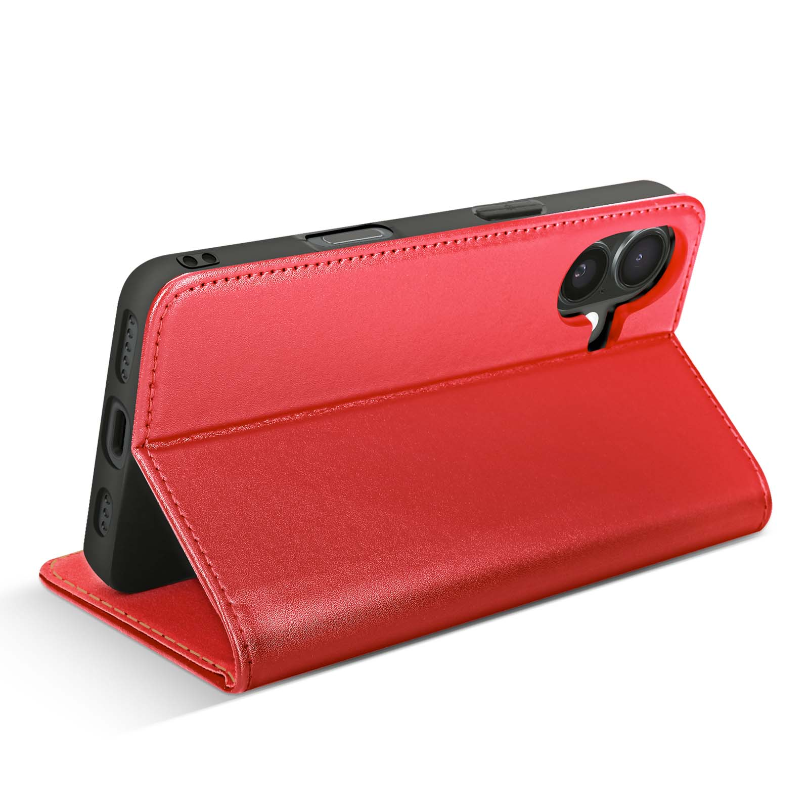 Una custodia per telefono in pelle rossa è aperta, in piedi. La custodia è per un telefono con fotocamera visibile.