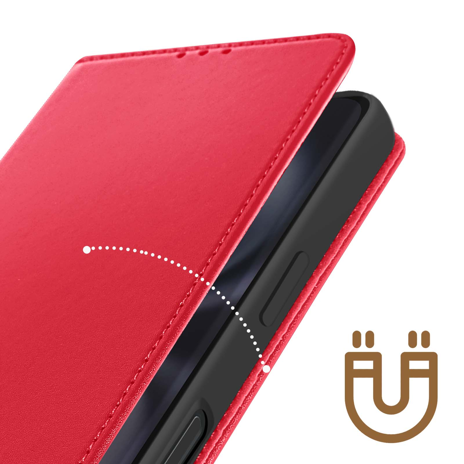 Custodia rossa del telefono che si apre, rivelando un telefono nero. Simbolo magnetico a destra.