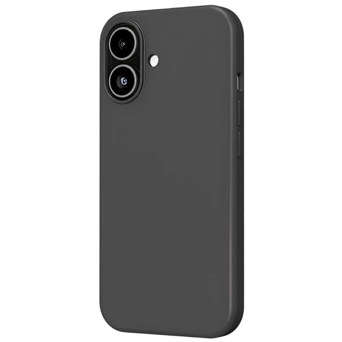 Una custodia per telefono grigio scuro. Ha un modulo fotocamera con due lenti e un flash. La custodia ha i pulsanti del volume.