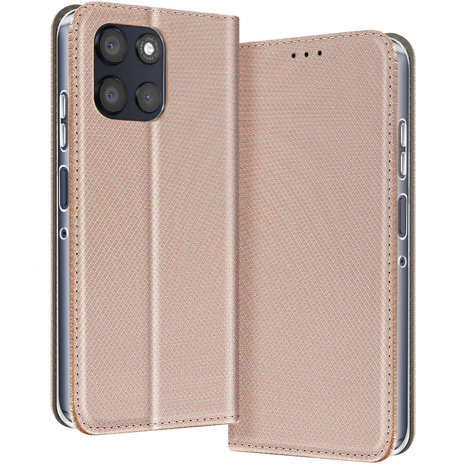 Una custodia per telefono color oro rosa è aperta, mostrando la fotocamera del telefono. La custodia ha una superficie strutturata.