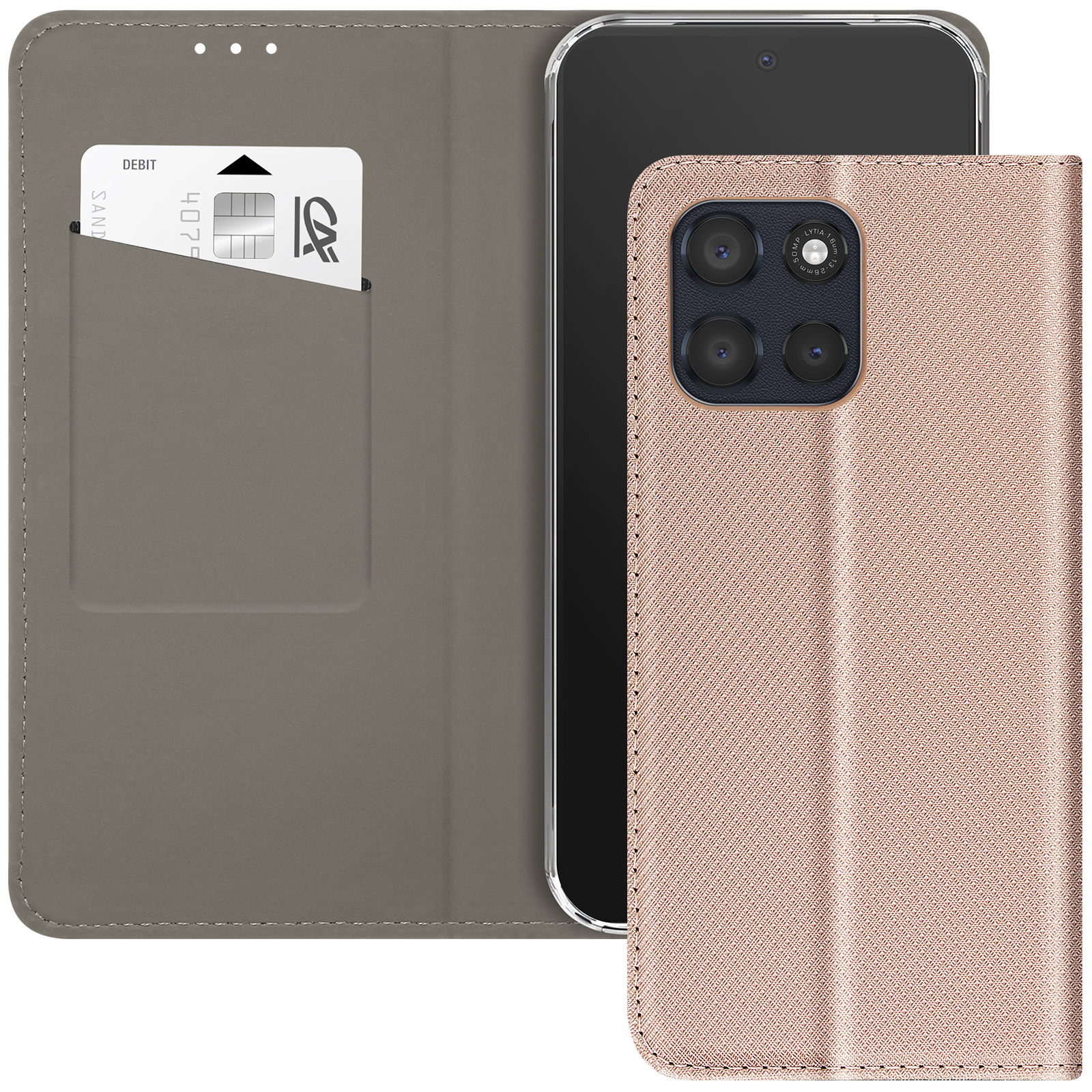Una custodia per telefono color oro rosa con un telefono all'interno, una carta di credito è nella custodia.