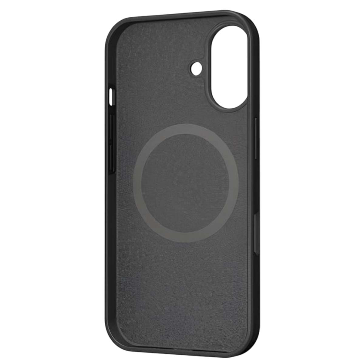 Una custodia nera per telefono con un ritaglio per la fotocamera e un design circolare sul retro. La custodia ha una superficie strutturata.