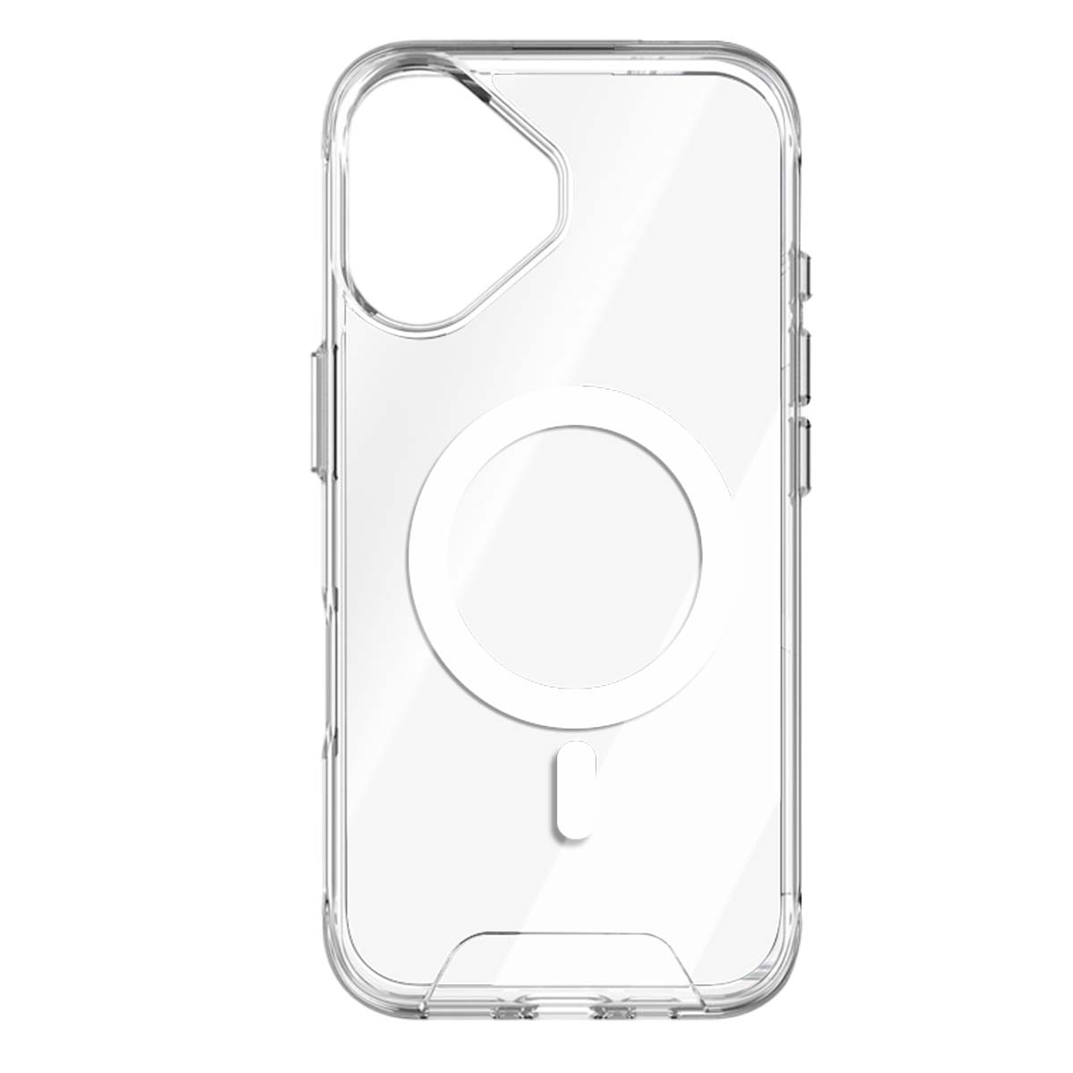 Una custodia trasparente per telefono. Ha un ritaglio per la fotocamera e l'anello MagSafe, con coperture dei pulsanti laterali.