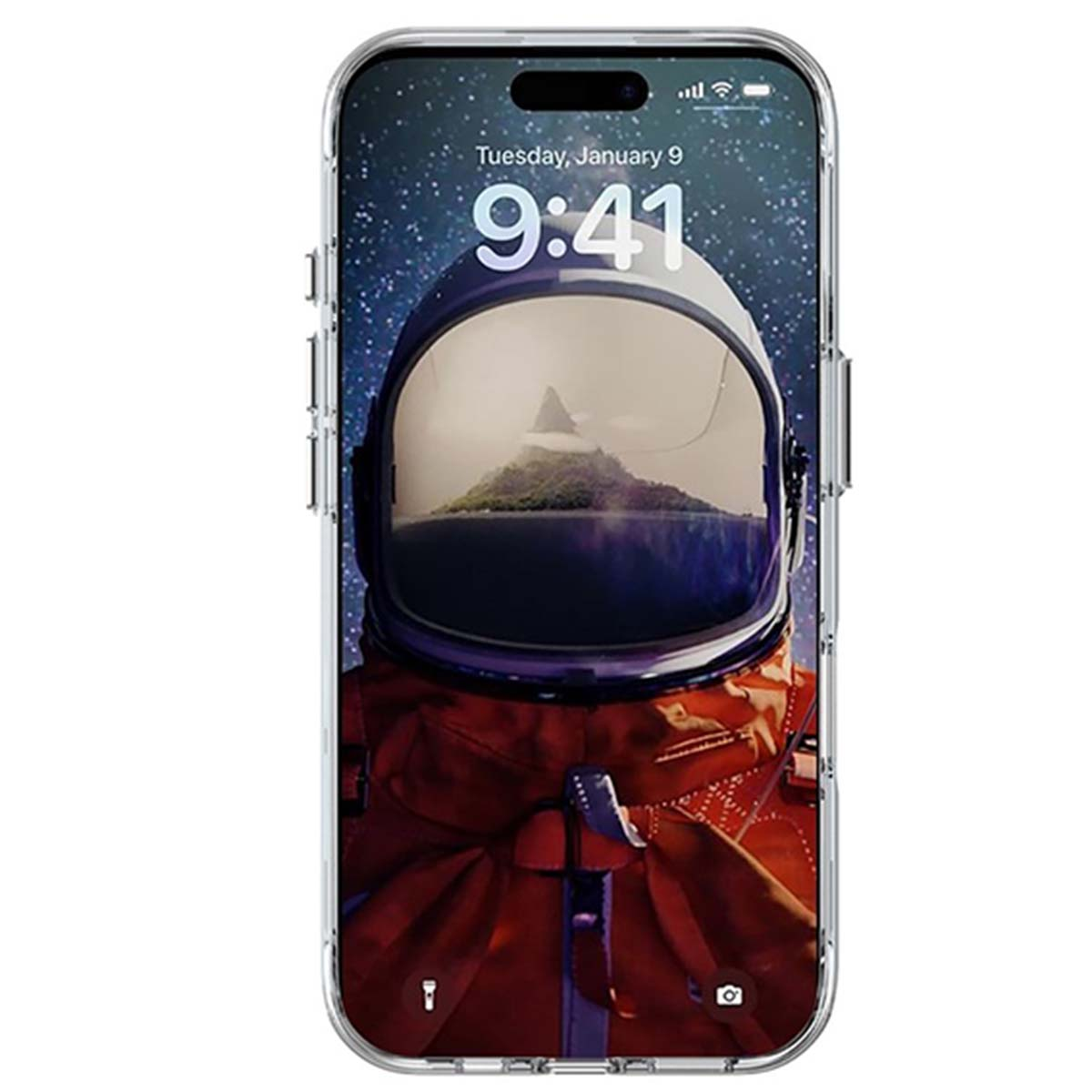 Schermo di smartphone con casco da astronauta e vista sulle montagne. L'ora è 9:41 del 9 gennaio. Tuta spaziale rossa visibile.
